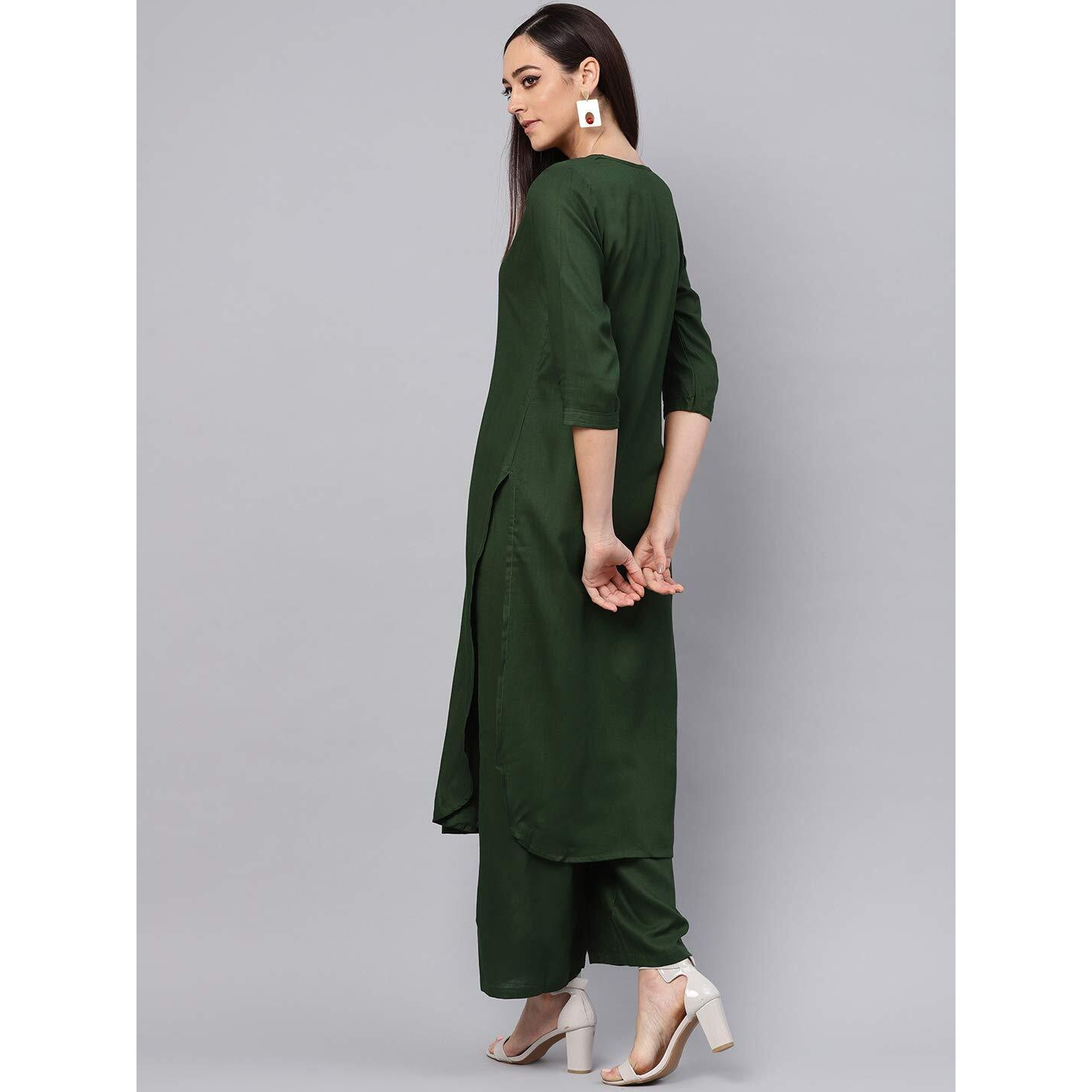 Idalia Green Rayon Straight Solid Kurta Set For Women Stylish Boat Neck Design Kurta Set With Pant