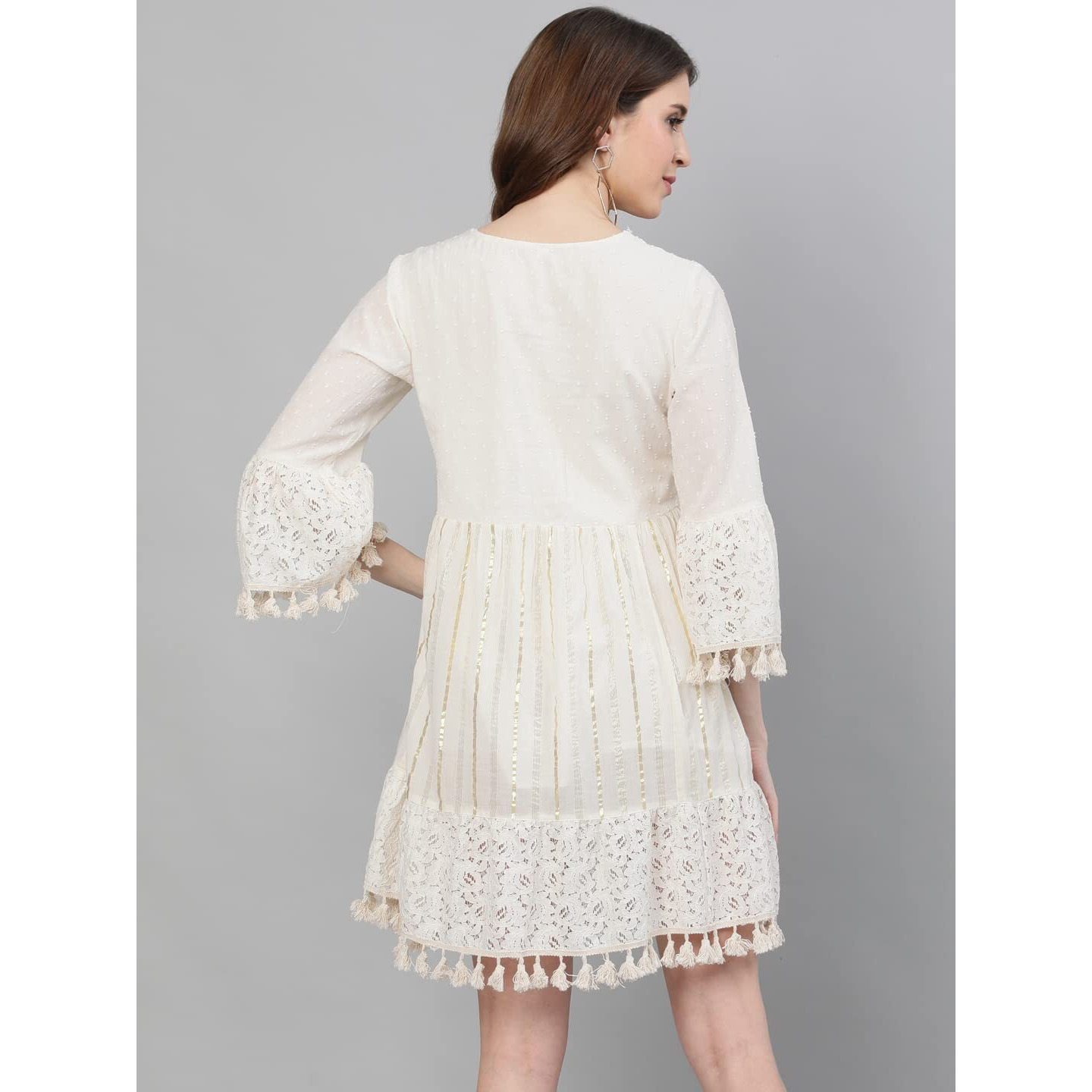 Ishin Women's Cotton Above Knee Length A-Line Indo Western Dress Topknm-11017_S_Off White