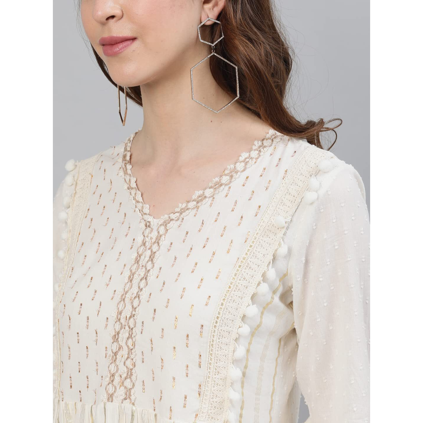 Ishin Women's Cotton Above Knee Length A-Line Indo Western Dress Topknm-11017_S_Off White