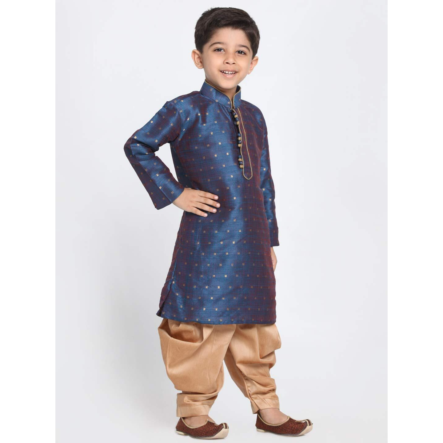 Jbn Creation Boys' Persian Blue And Rose Gold Silk Blend Kurta And Dhoti Pant Set (Vasbk023Buncdrg, For 4-5 Years)
