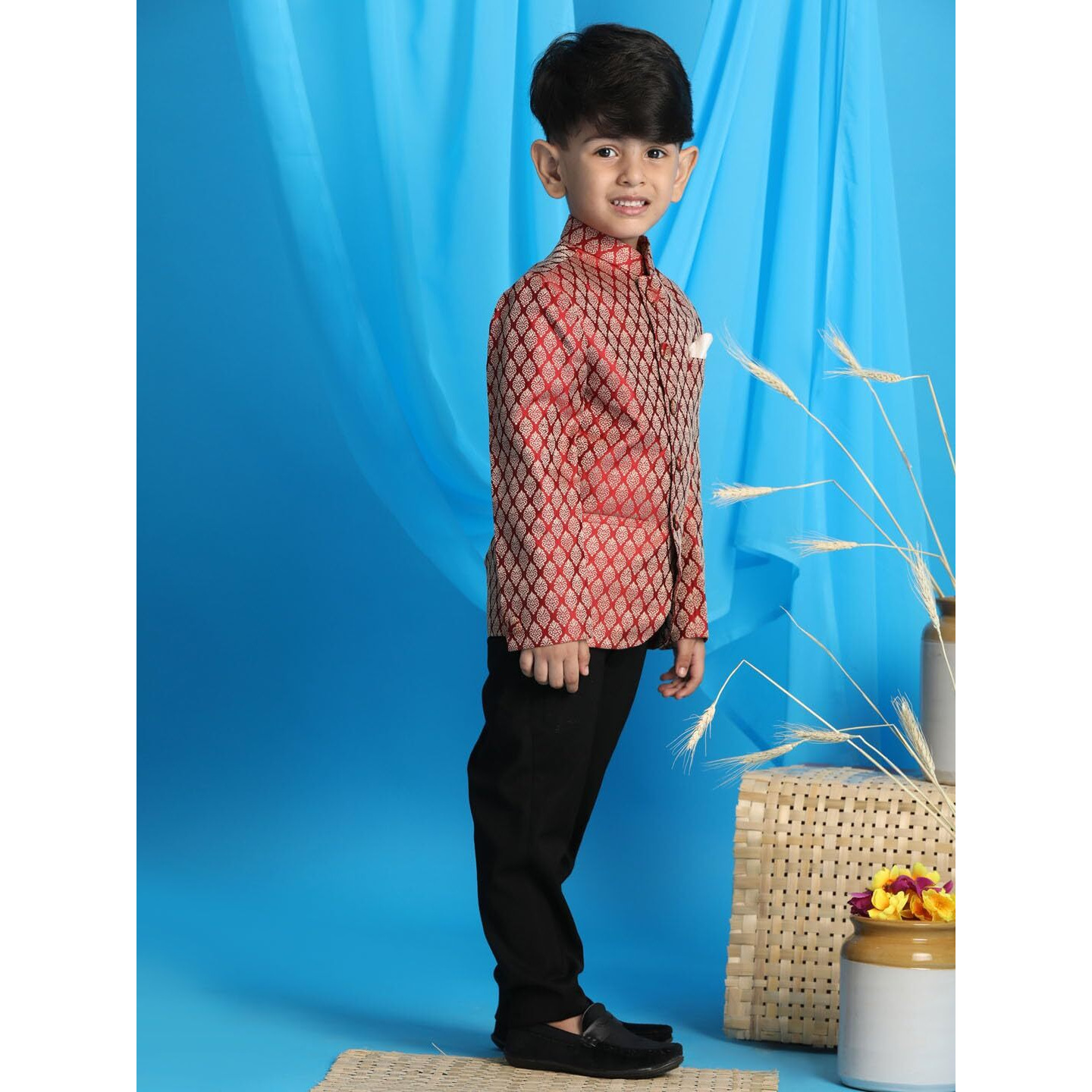 Jbn Creation Vastramay Boys' Maroon Jacquard Jodhpuri Bandhgala (B1385)