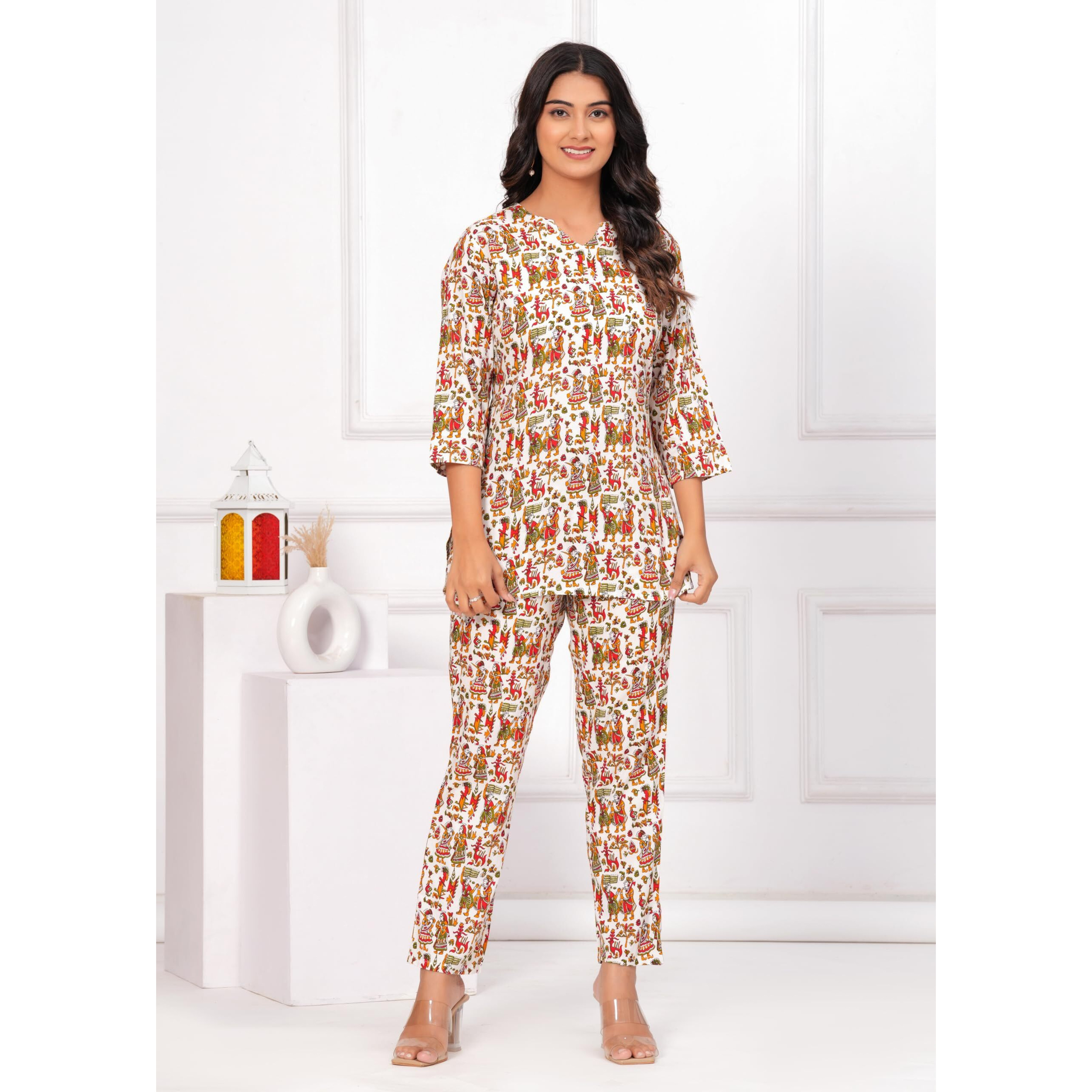 Jikonet Women Cotton Printed Co-Ord Set Kurta Set With Pant Set (White, Large)