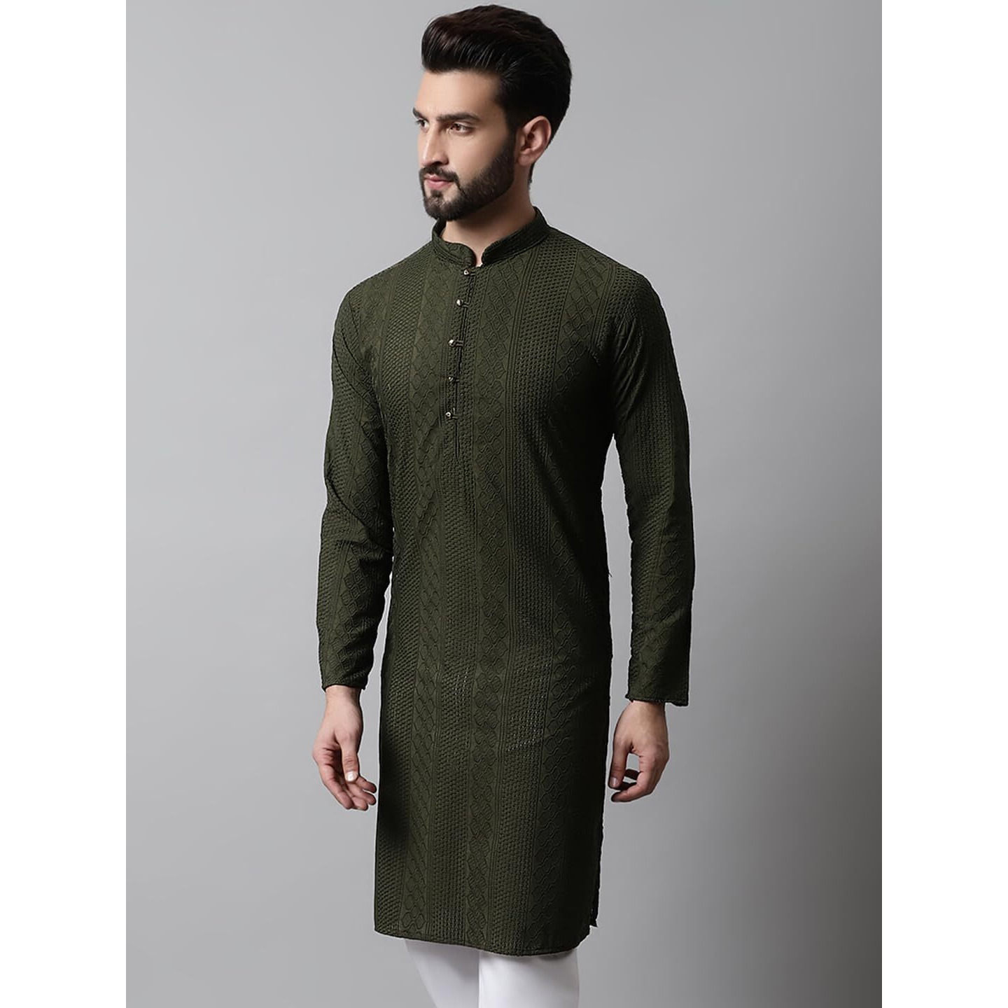 Jompers Men's Embroiderd Kurtas (Olive, L)
