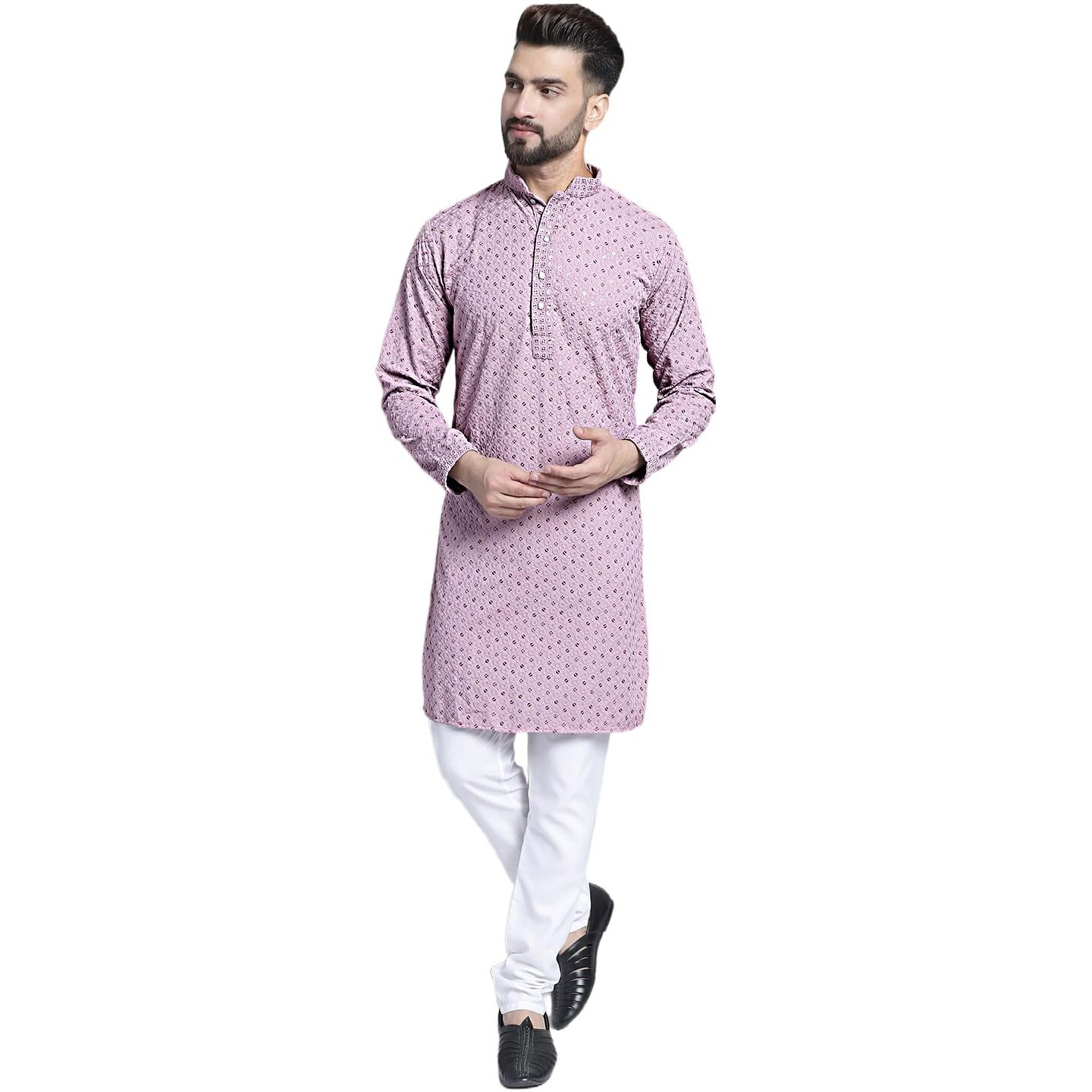 Jompers Men's Chikankari Embroidered And Sequence Kurta With Churidar (Light-Purple, L)