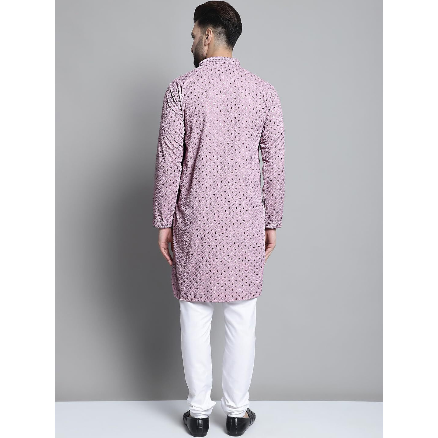 Jompers Men's Chikankari Embroidered And Sequence Kurta With Churidar (Light-Purple, L)