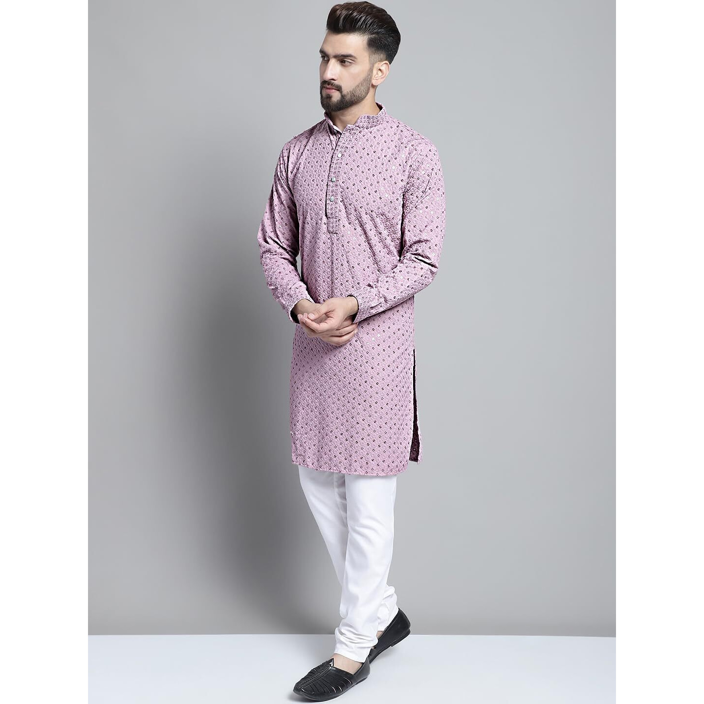 Jompers Men's Chikankari Embroidered And Sequence Kurta With Churidar (Light-Purple, L)