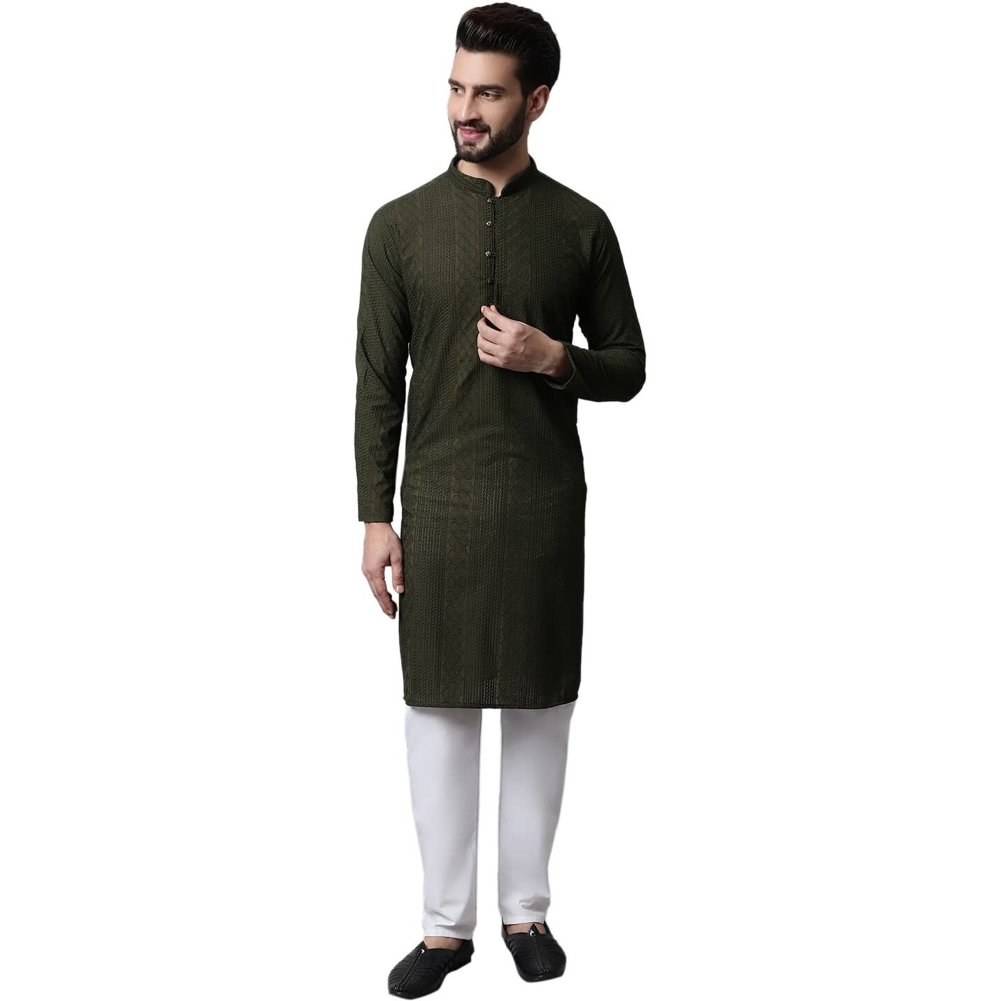 Jompers Men Olive Green Embroidered Pure Cotton Kurta With Pyjamas (Olive, M)