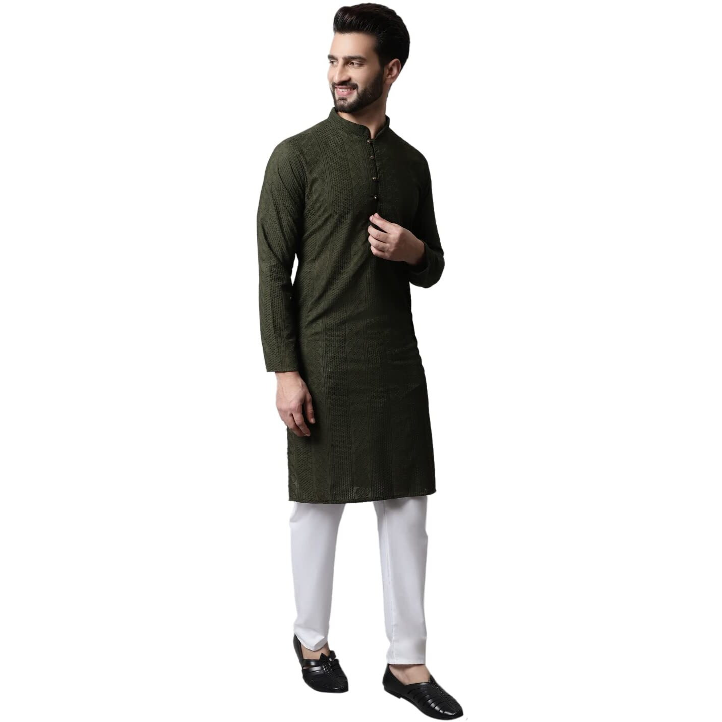 Jompers Men Olive Green Embroidered Pure Cotton Kurta With Pyjamas (Olive, M)