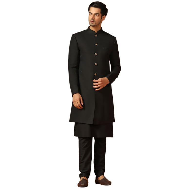 Kisah Men's Kurta Indo-Western Sherwani Trouser Set, Black Jacquard, Woven Design Regular Fit Mandarin Collar Long Sleeves (42)