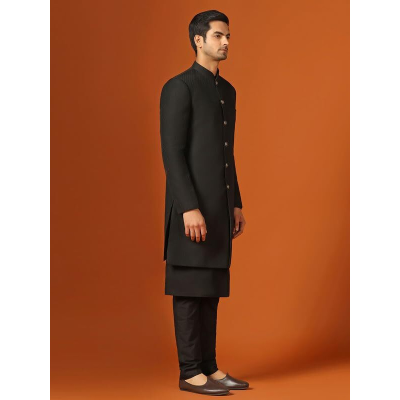 Kisah Men's Kurta Indo-Western Sherwani Trouser Set, Black Jacquard, Woven Design Regular Fit Mandarin Collar Long Sleeves (42)