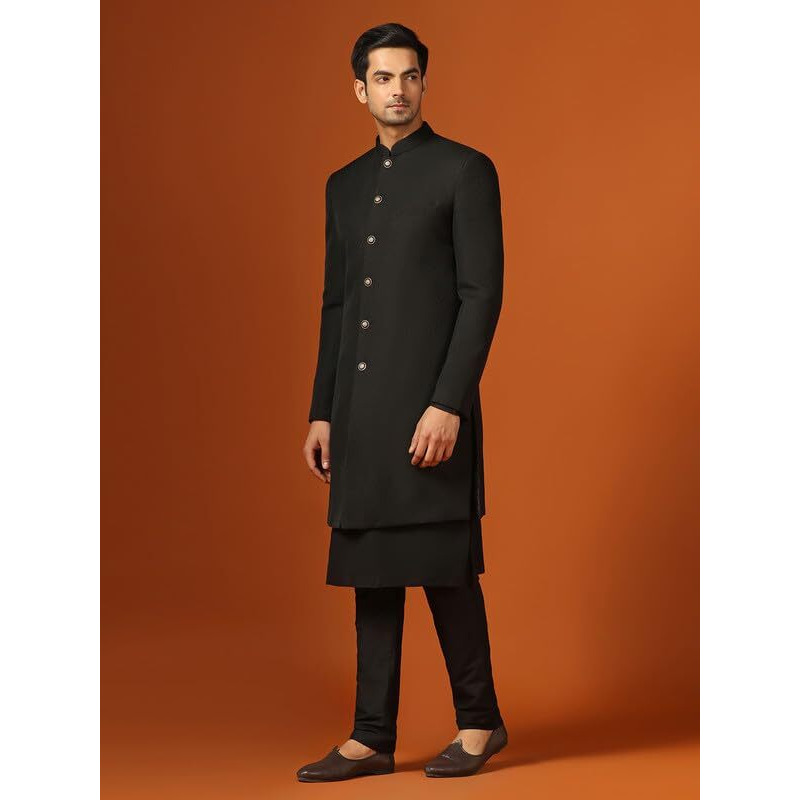 Kisah Men's Kurta Indo-Western Sherwani Trouser Set, Black Jacquard, Woven Design Regular Fit Mandarin Collar Long Sleeves (42)