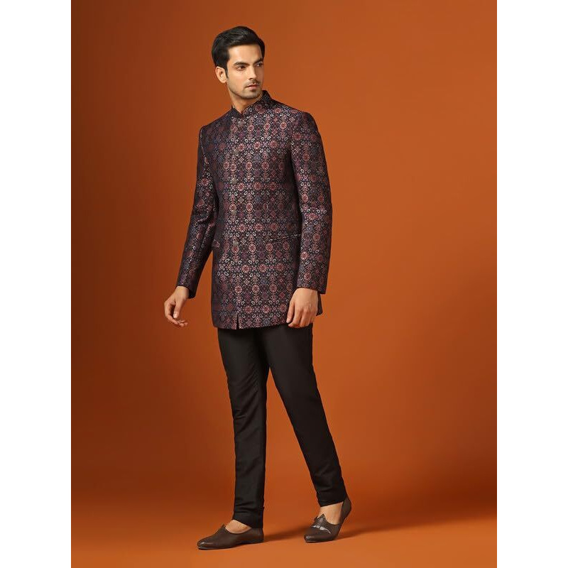 Kisah Men's Jodhpuri Bandhgala, Black Jacquard, Woven Design Regular Fit Mandarin Collar Long Sleeves (44)