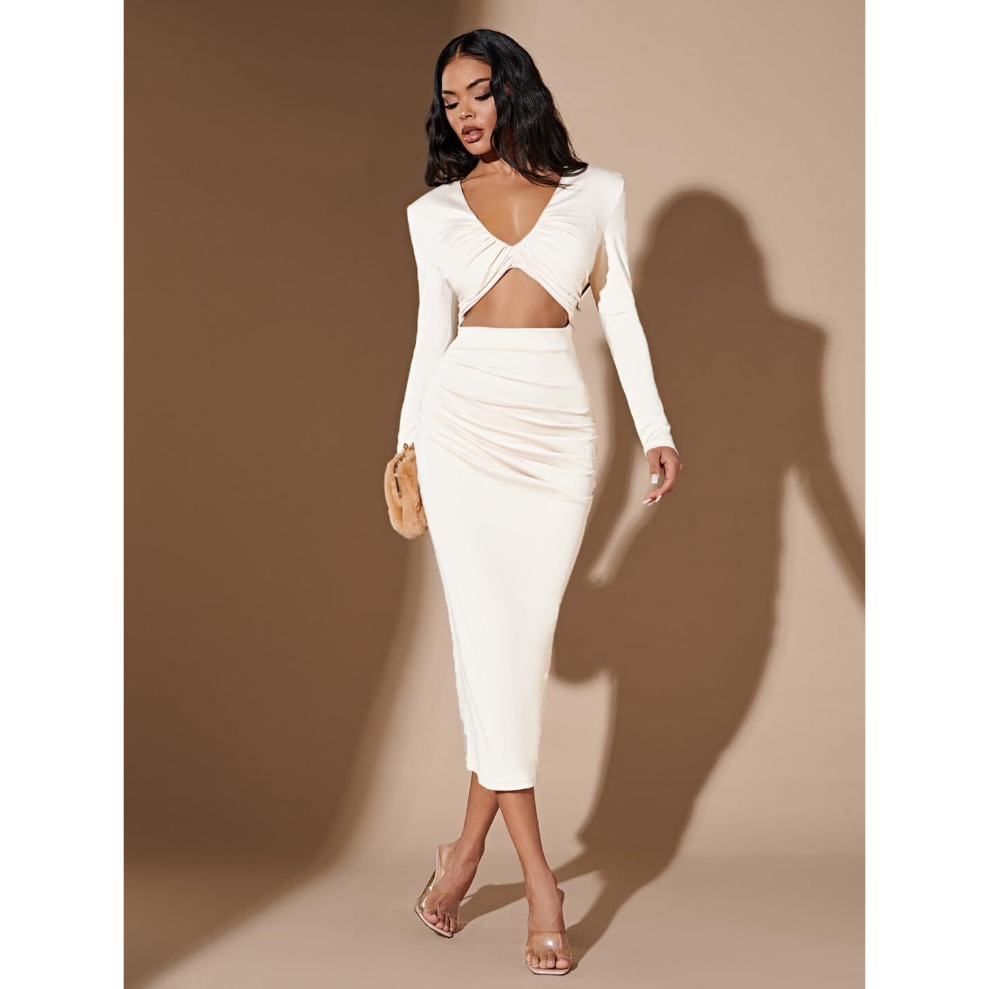Kotty Women's V-Neck Bodycon Midi Dress(White,L)