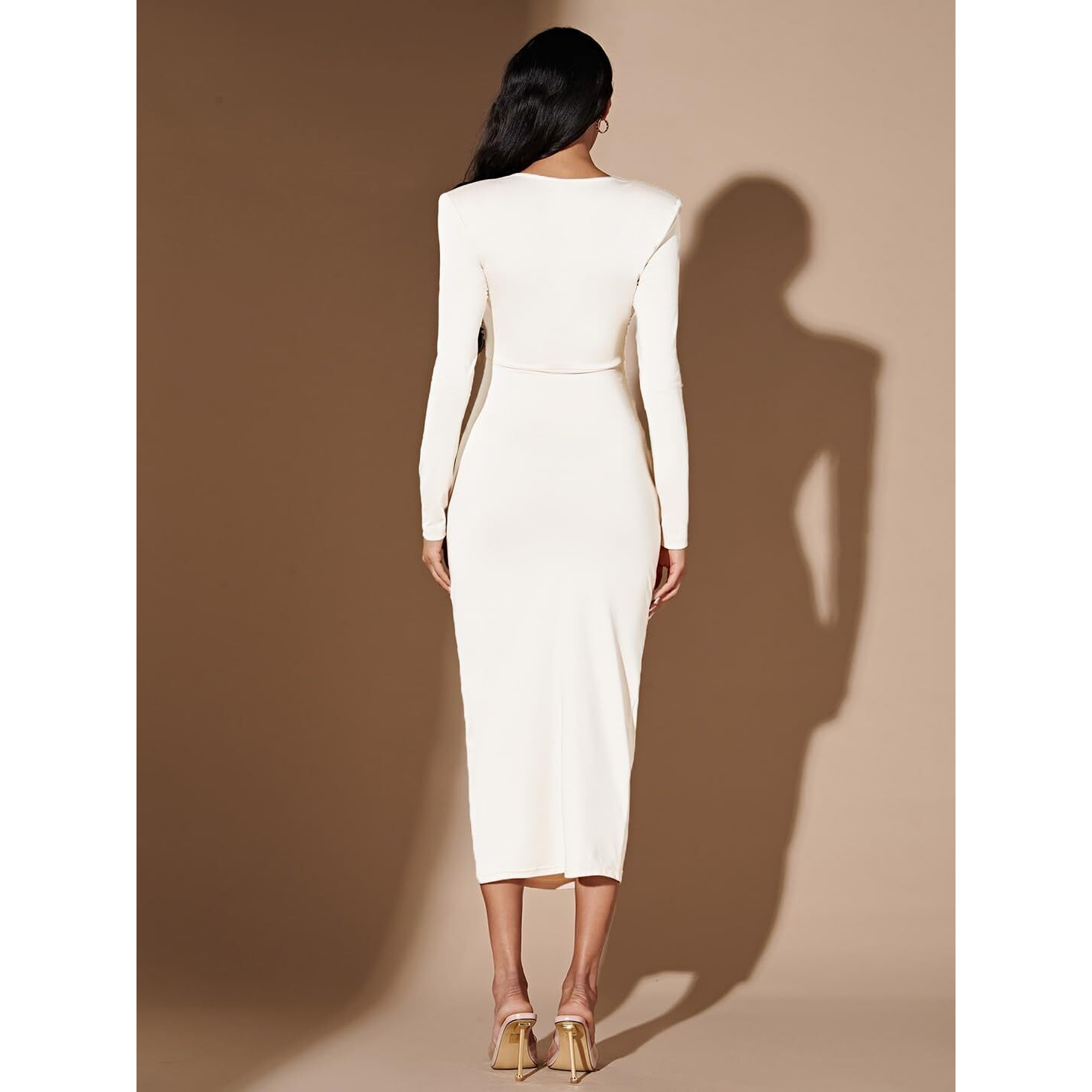 Kotty Women's V-Neck Bodycon Midi Dress(White,L)