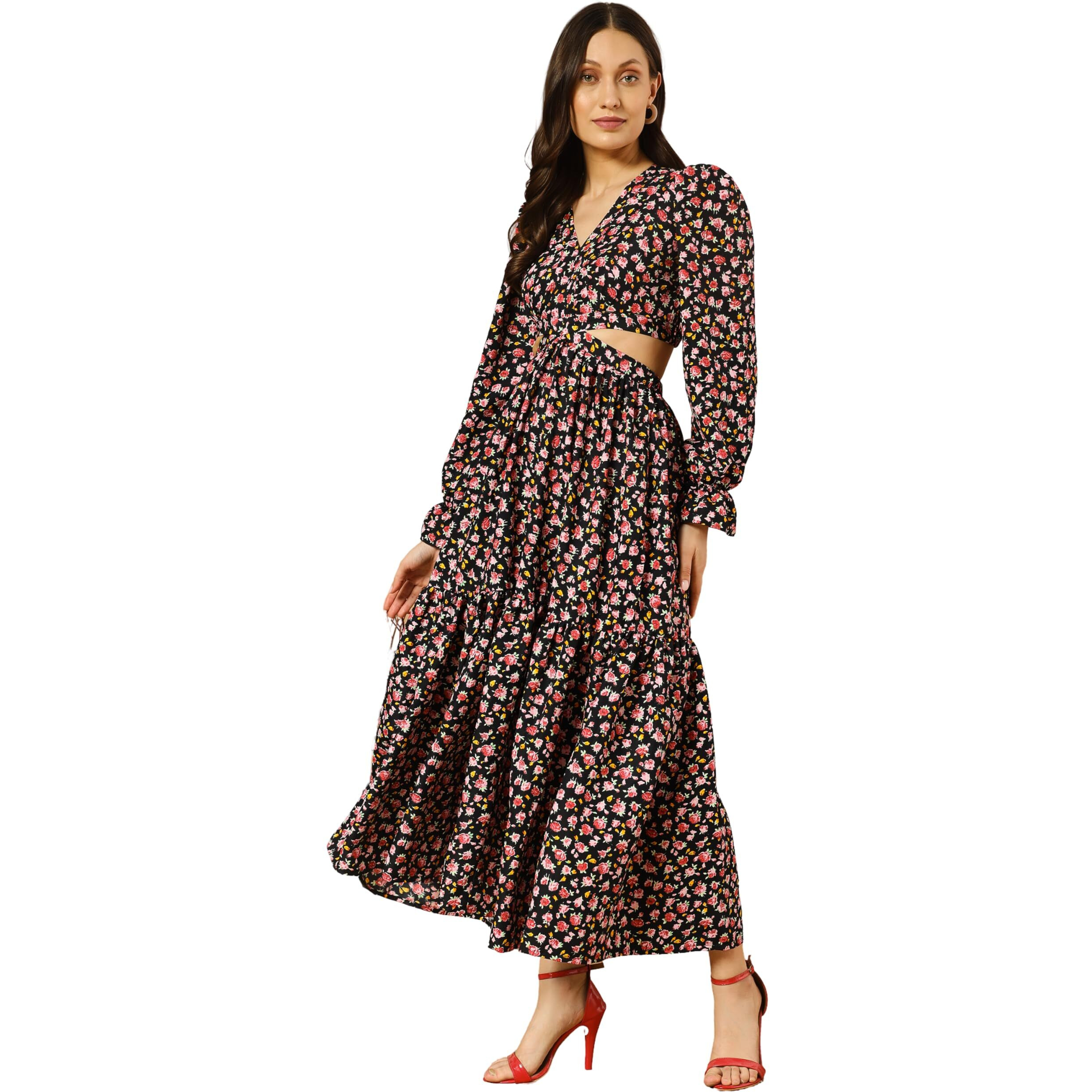 Kzully Women's Rayon A-Line Maxi Dress (Sfs_2001_Black_Rose_L_Print Pink