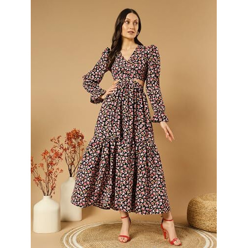 Kzully Women's Rayon A-Line Maxi Dress (Sfs_2001_Black_Rose_L_Print Pink