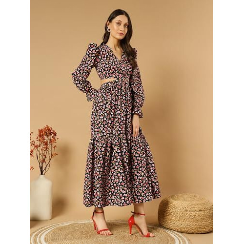 Kzully Women's Rayon A-Line Maxi Dress (Sfs_2001_Black_Rose_L_Print Pink