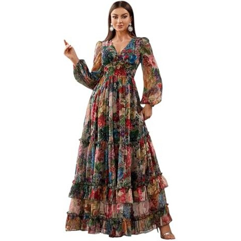Litzo Women's Georgette A-Line Maxi Dress (L-30-M_Yellow