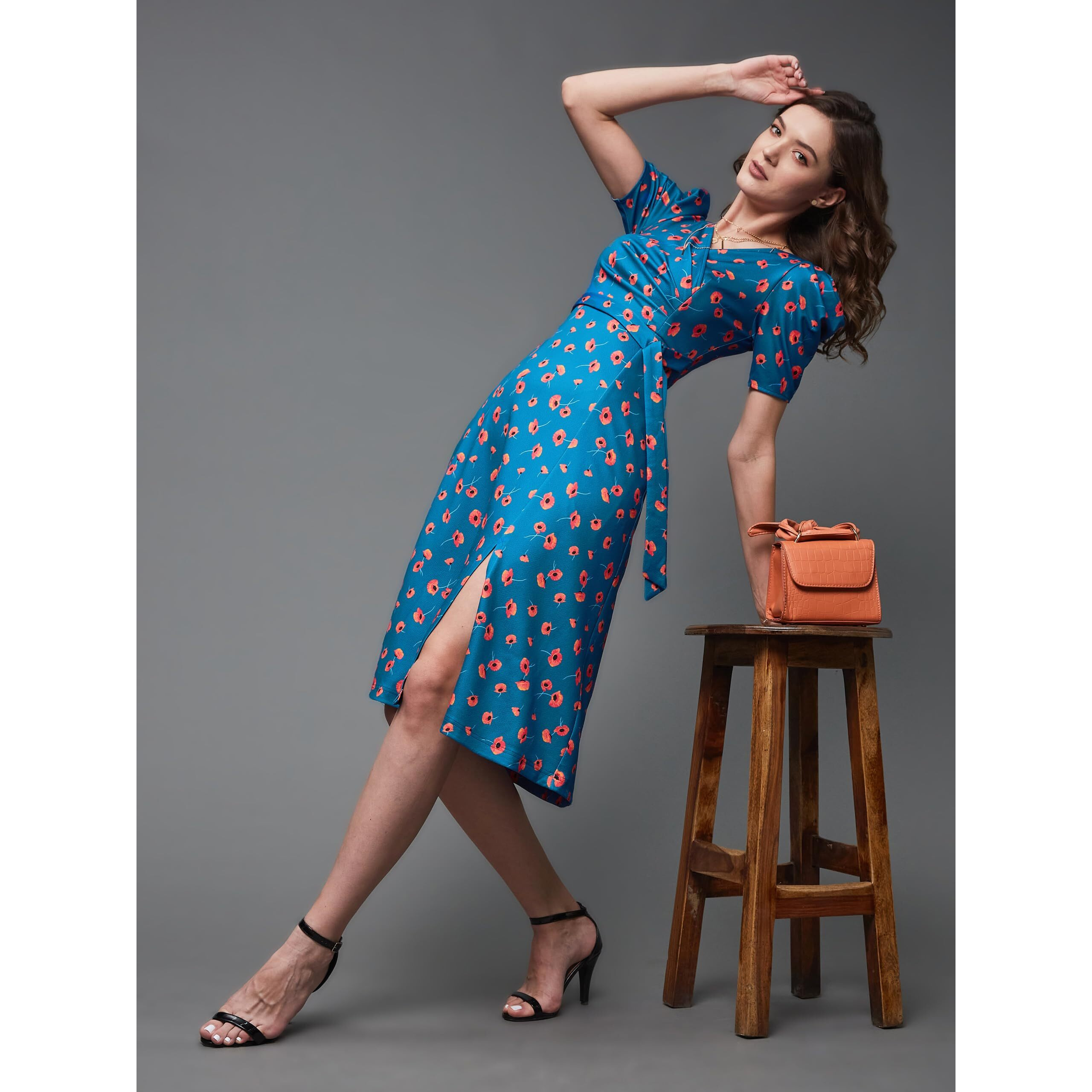 Miss Chase Women's Multicolored-Base-Blue V-Neck Pleated Puff Sleeve Floral Wrap Midi Polyester Dress (Mcaw21D14-84-163-06, Multicolored-Base-Blue, Xl)