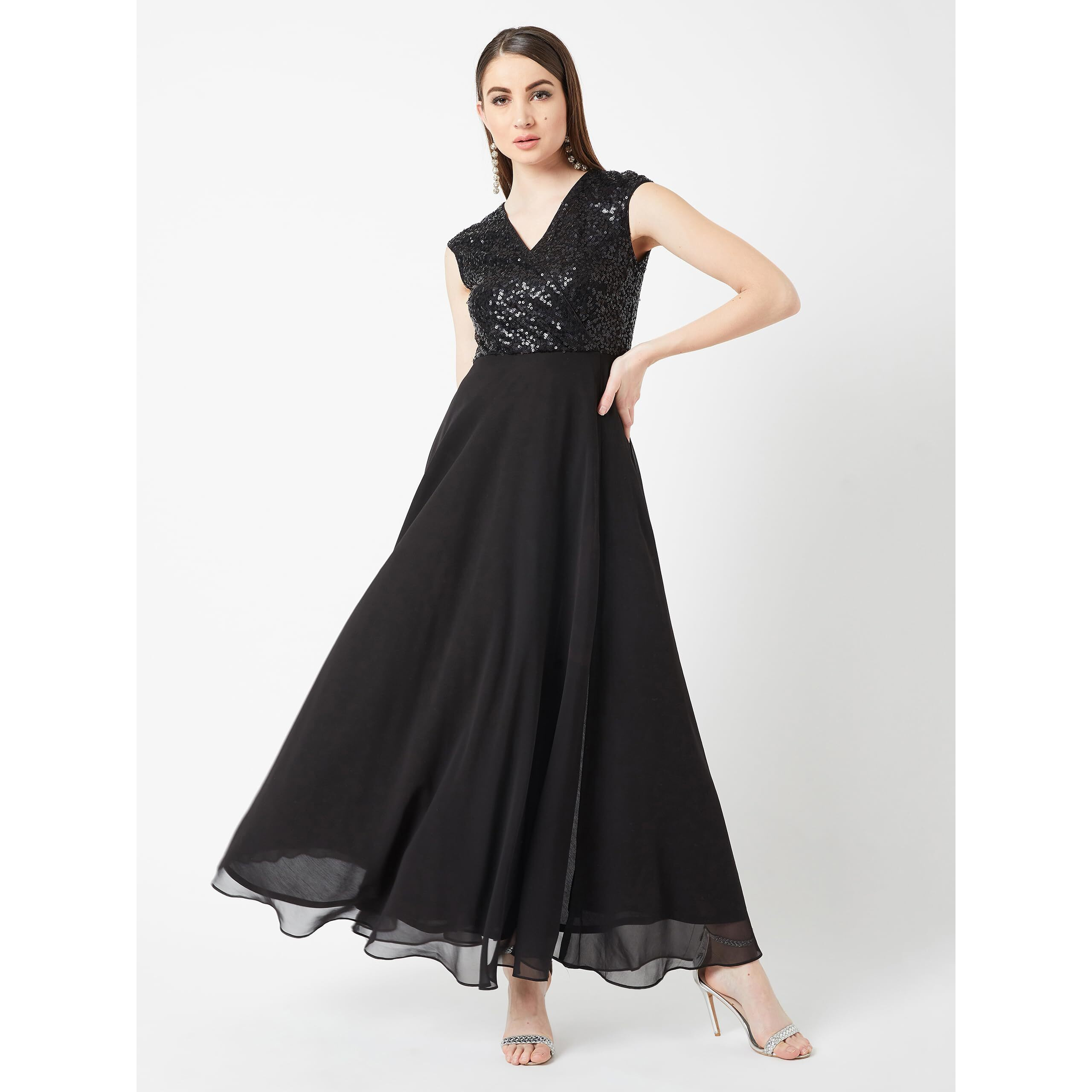 Miss Chase Women's Black V-Neck Cap Sleeved Solid Wrap Maxi Dress(Mcss20D06-10-62-05_Black_L)