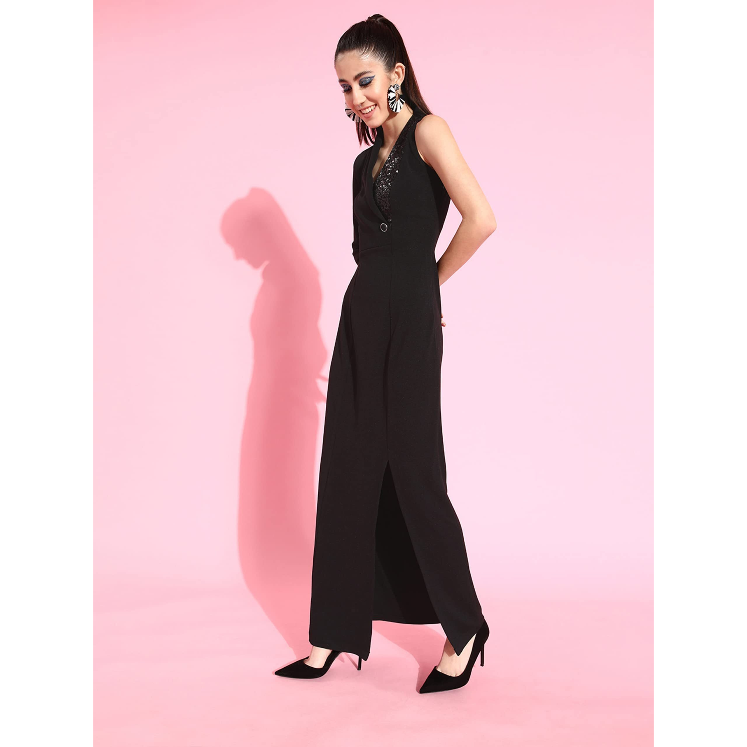 Miss Chase Women's Black Solid Asymmetric Sequined Maxi Dress (Mcaw21D13-37-62-03, Black, S)