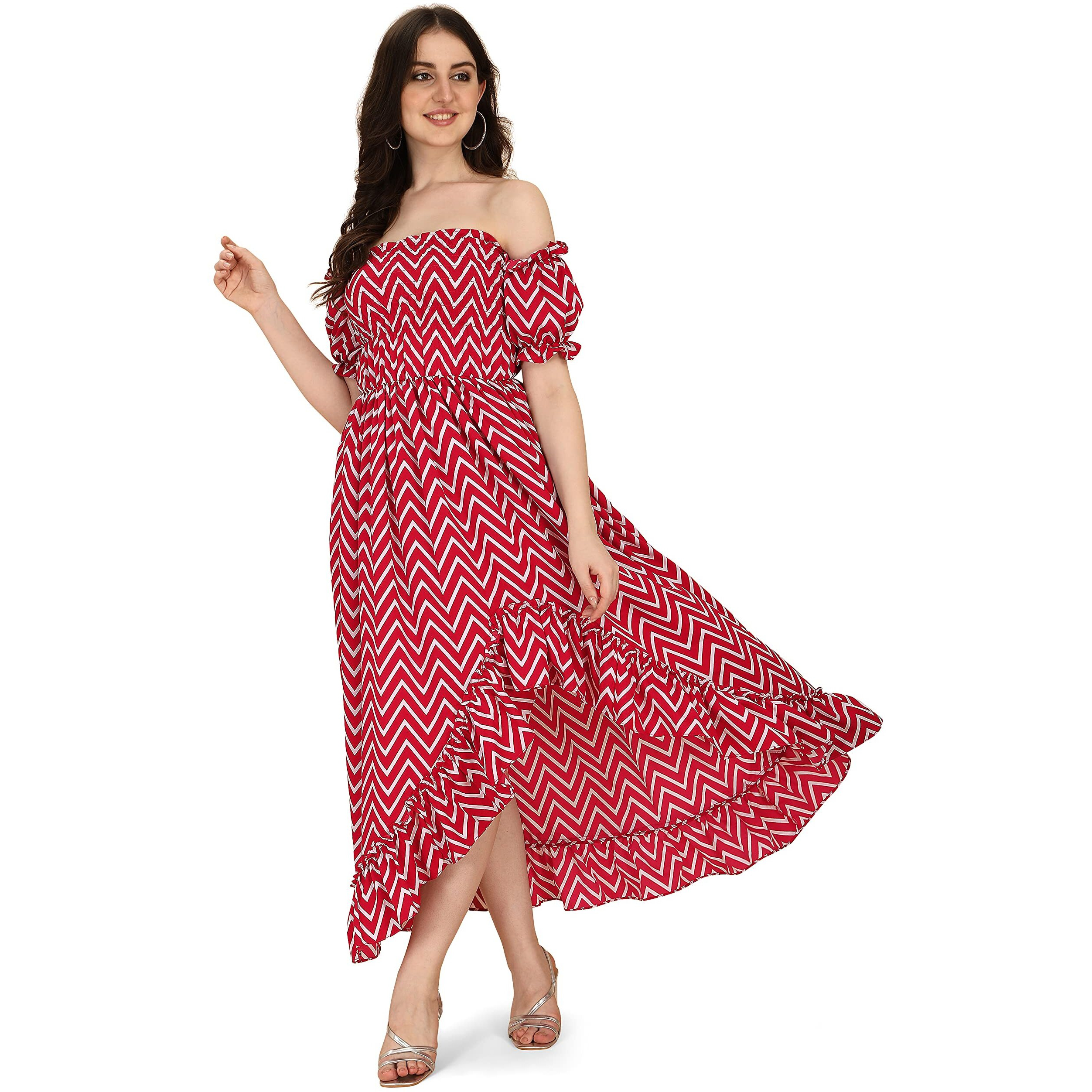 Oomph Flared Dress For Women Stylish | Long One Piece For Women | Off Shoulder Puff Sleeve Long Dress | Floral Print Maxi One Piece | Western & Fusion Wear Bohemian Style Maroon