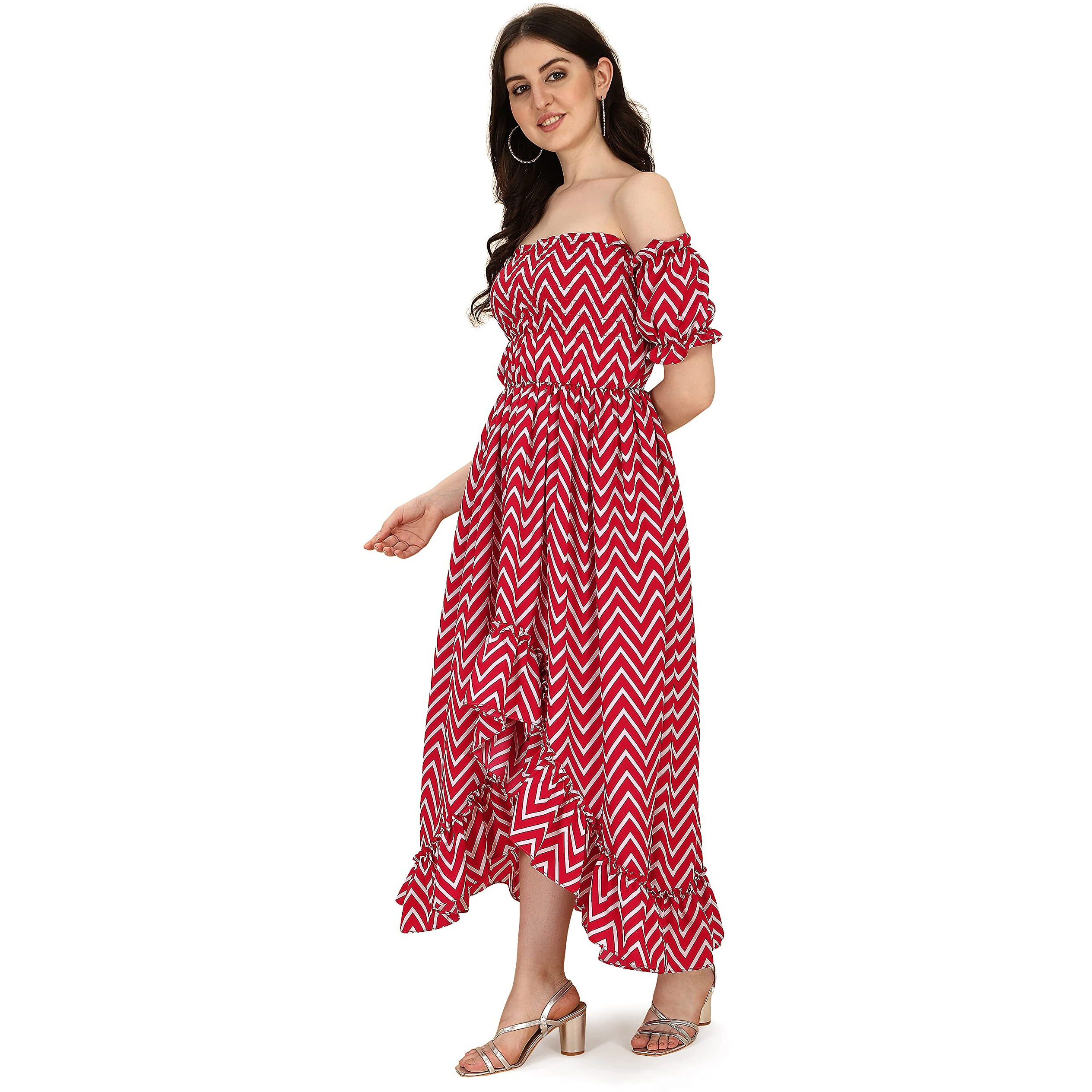 Oomph Flared Dress For Women Stylish | Long One Piece For Women | Off Shoulder Puff Sleeve Long Dress | Floral Print Maxi One Piece | Western & Fusion Wear Bohemian Style Maroon