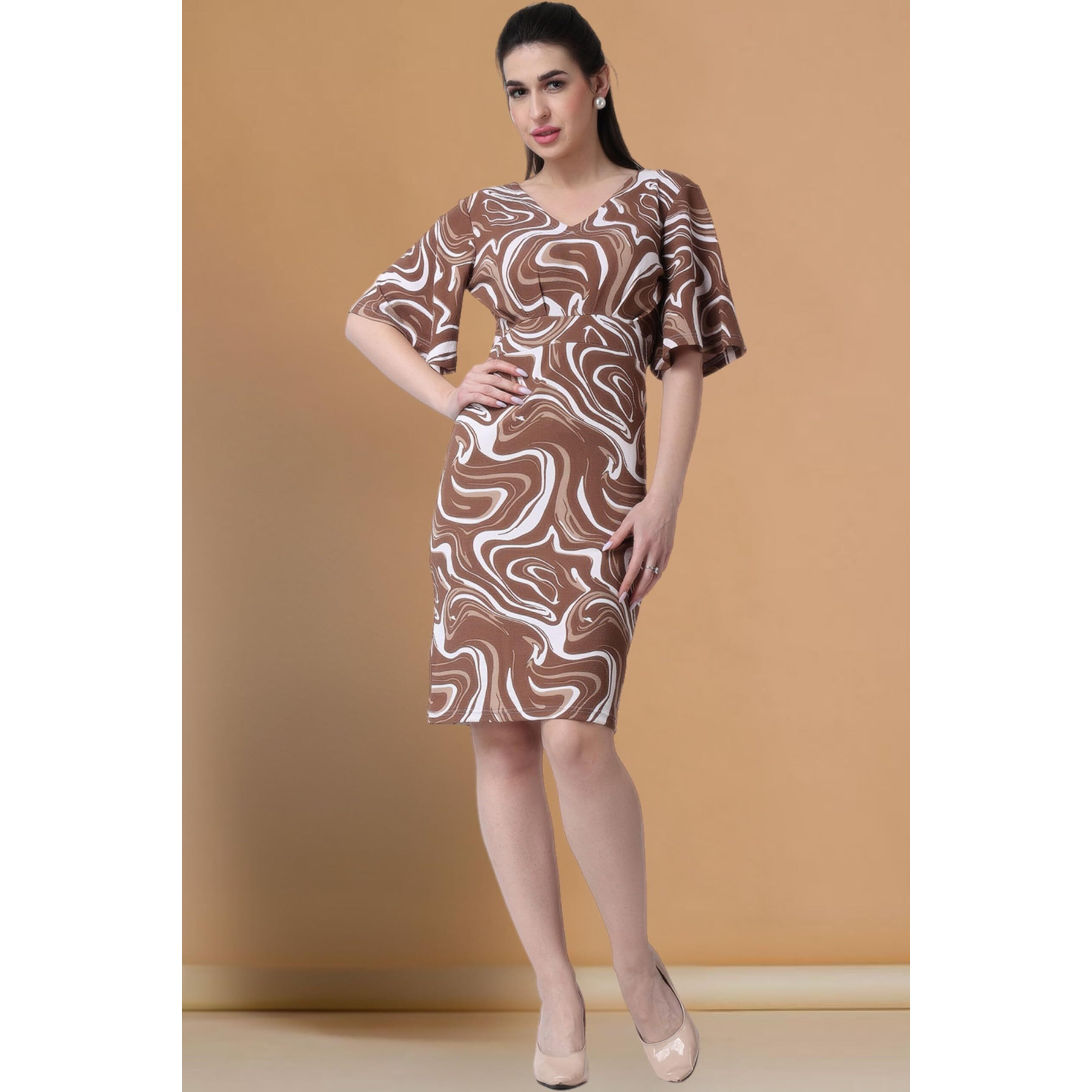 Popwings Casual Printed Mini Full Sleeve Bodycon Dress For Women | Western Bodycon Dresses For Women | Summer Stylish Western Bodycon Dresses For Women Light Brown