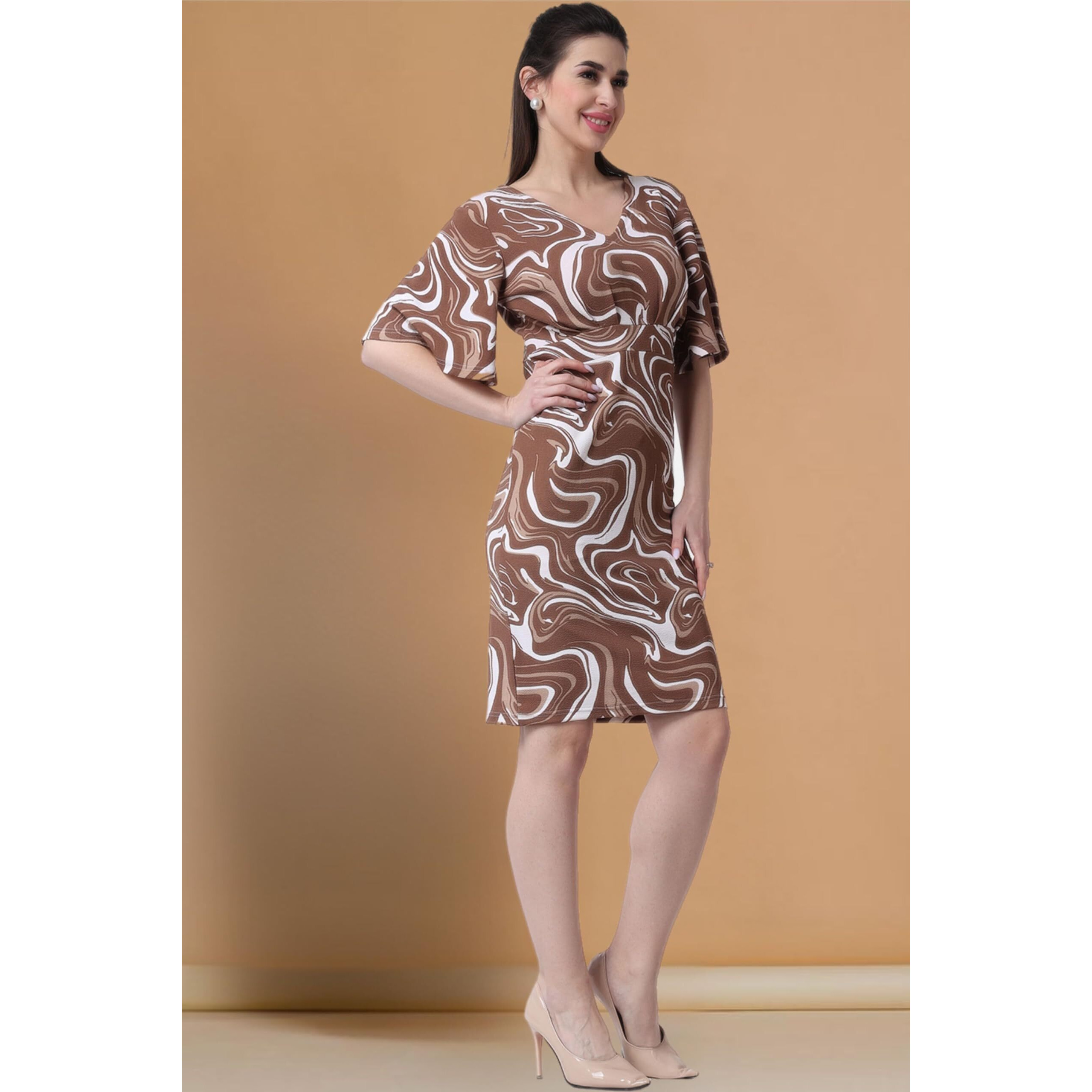 Popwings Casual Printed Mini Full Sleeve Bodycon Dress For Women | Western Bodycon Dresses For Women | Summer Stylish Western Bodycon Dresses For Women Light Brown