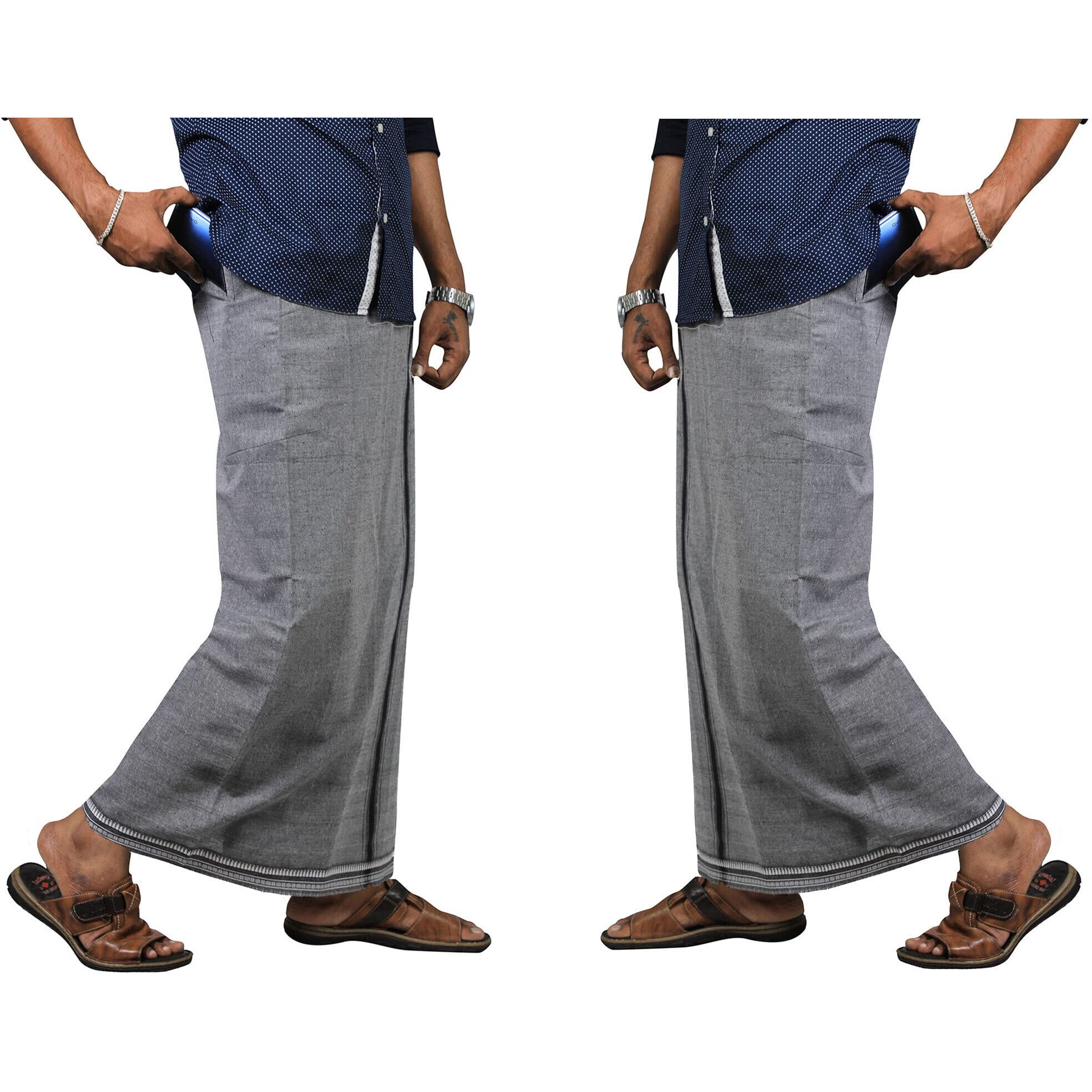 Prakasam Cotton Mens Kerala Thalapathi Border 2Way Pocket (Right &Left Side) Flexi Size (Adjustable) Colour Dhoti With 2 Side Pocket (Large, Ash)