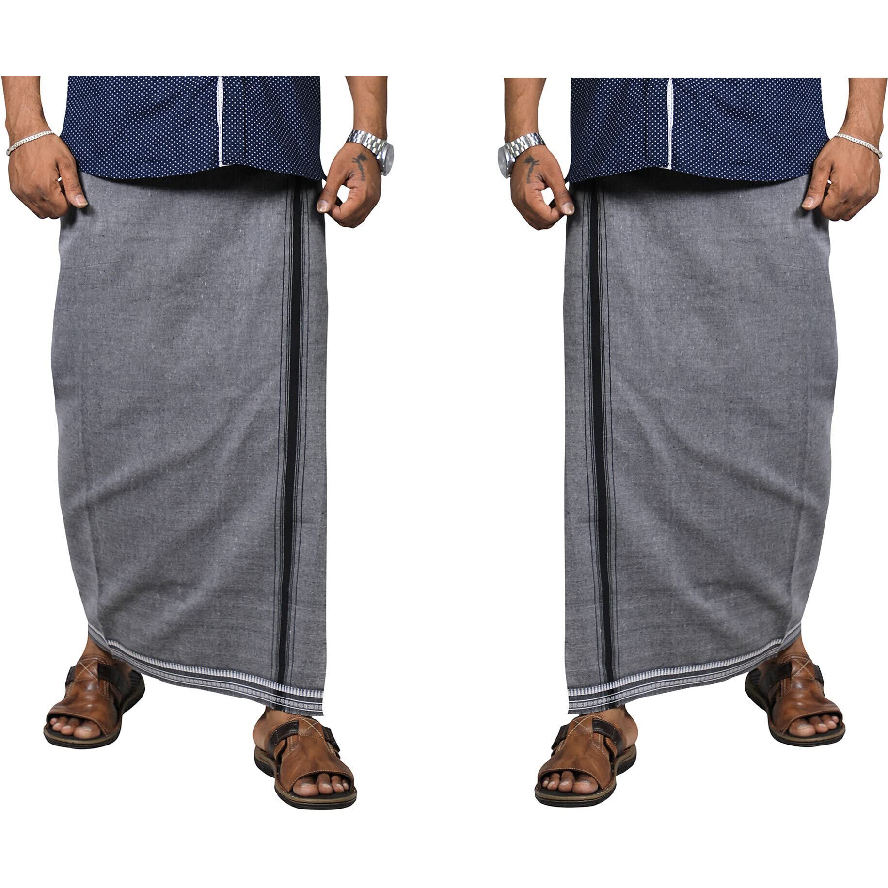Prakasam Cotton Mens Kerala Thalapathi Border 2Way Pocket (Right &Left Side) Flexi Size (Adjustable) Colour Dhoti With 2 Side Pocket (Large, Ash)