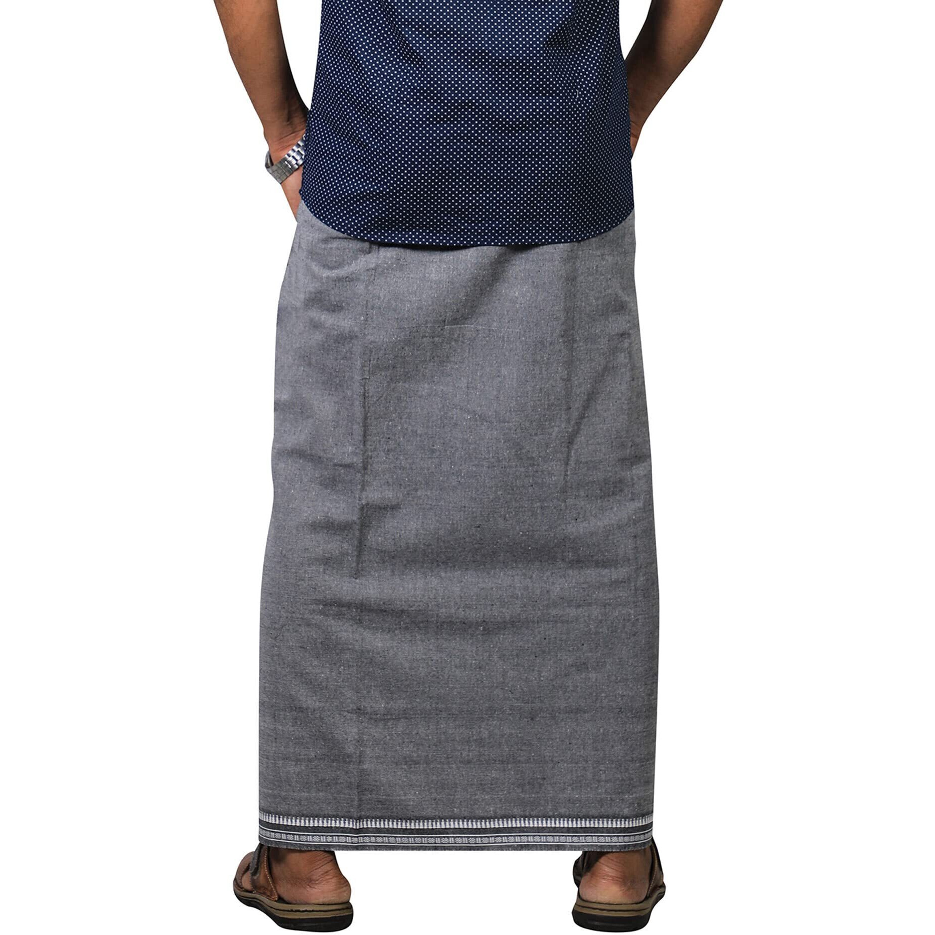 Prakasam Cotton Mens Kerala Thalapathi Border 2Way Pocket (Right &Left Side) Flexi Size (Adjustable) Colour Dhoti With 2 Side Pocket (Large, Ash)