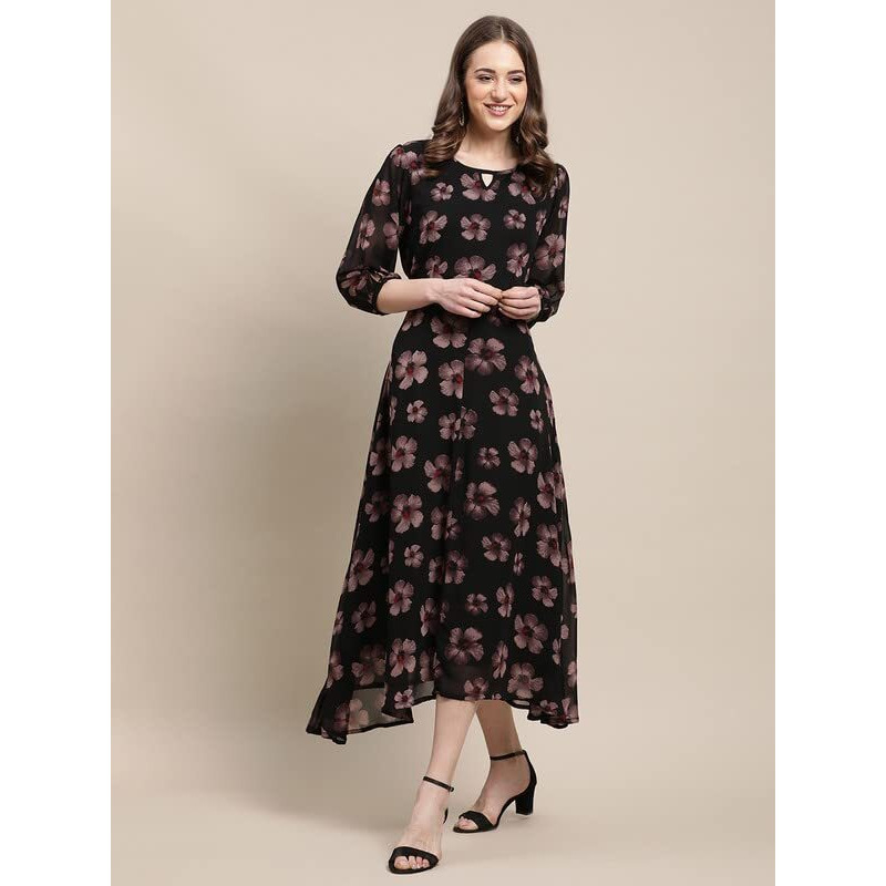 Preneum Women's Maxi Fit & Flare Latest Style Print Georgette Regular Sleeves Casual Summer Maxi Dress || Festival & Occasion, Jet Black, M
