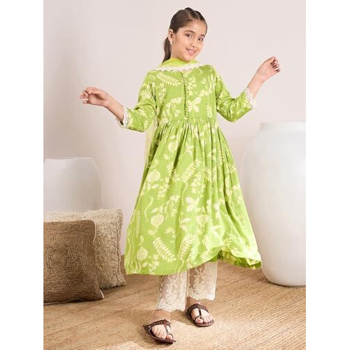 Pspeaches Girl's Cotton Blend Regular 1 Kurta, 1 Pant (Ks-Greenslubfloral-12-14Y_Green