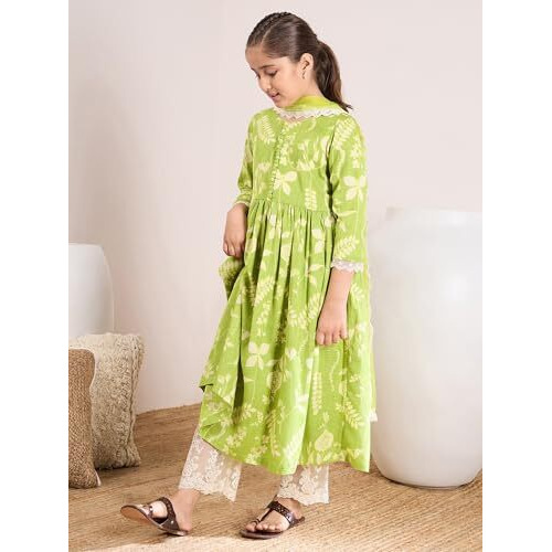 Pspeaches Girl's Cotton Blend Regular 1 Kurta, 1 Pant (Ks-Greenslubfloral-12-14Y_Green