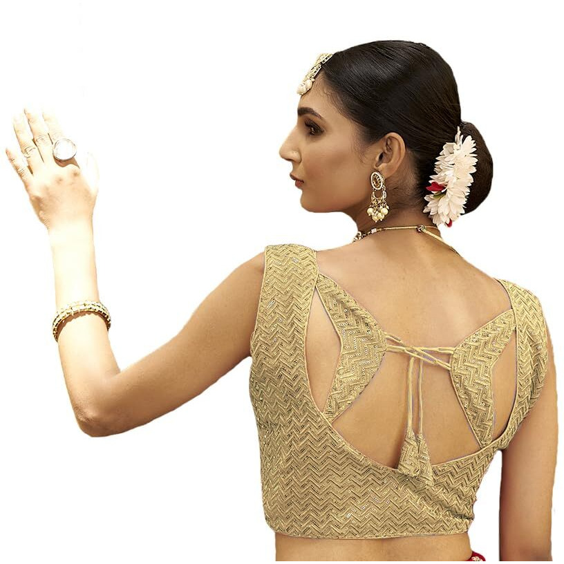 Pujia Mills Women's Readymade Indian Ethnic Designer Sleeveless Blouse Embroidery Matching Zari Work Sequence Work Readymade Fancy Butterfly Back Pattern Blouse V Neck Saree Blouse Lehenga Choli