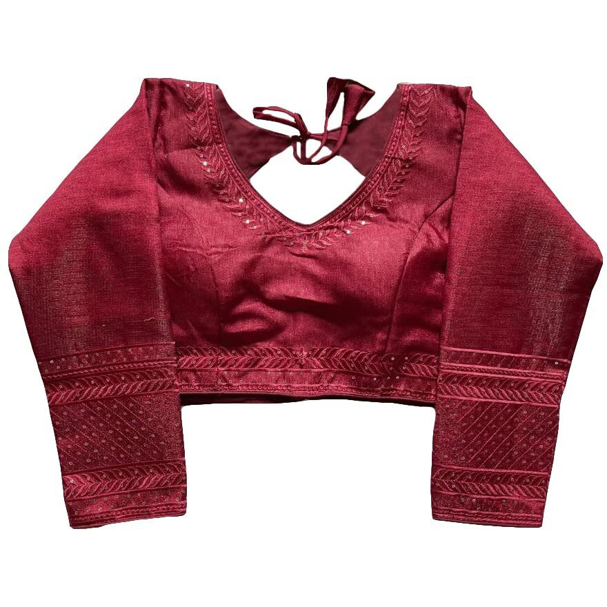 Pujia Mills Milan Silk Full Sleeve V Neck Multi Embroidery Trendy Saree Blouse(Rukmini Maroon 42)