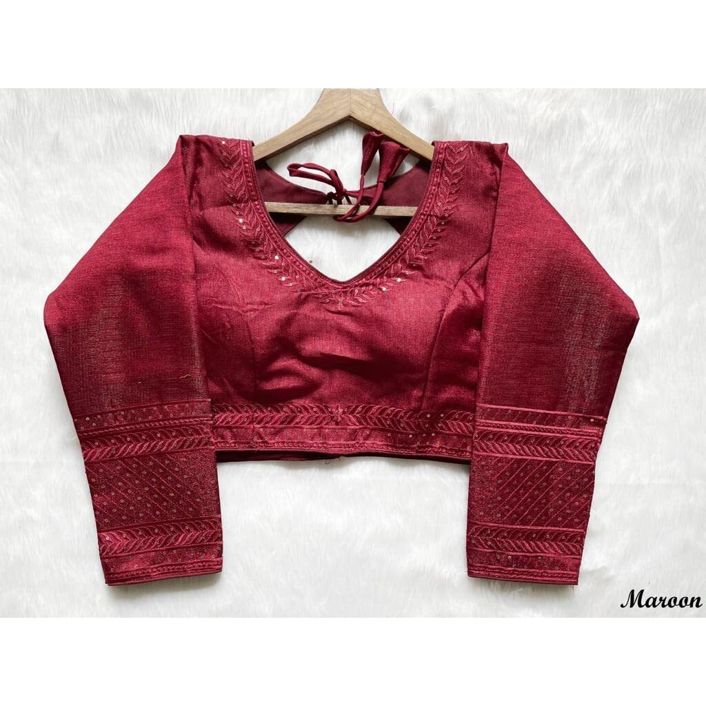 Pujia Mills Milan Silk Full Sleeve V Neck Multi Embroidery Trendy Saree Blouse(Rukmini Maroon 42)