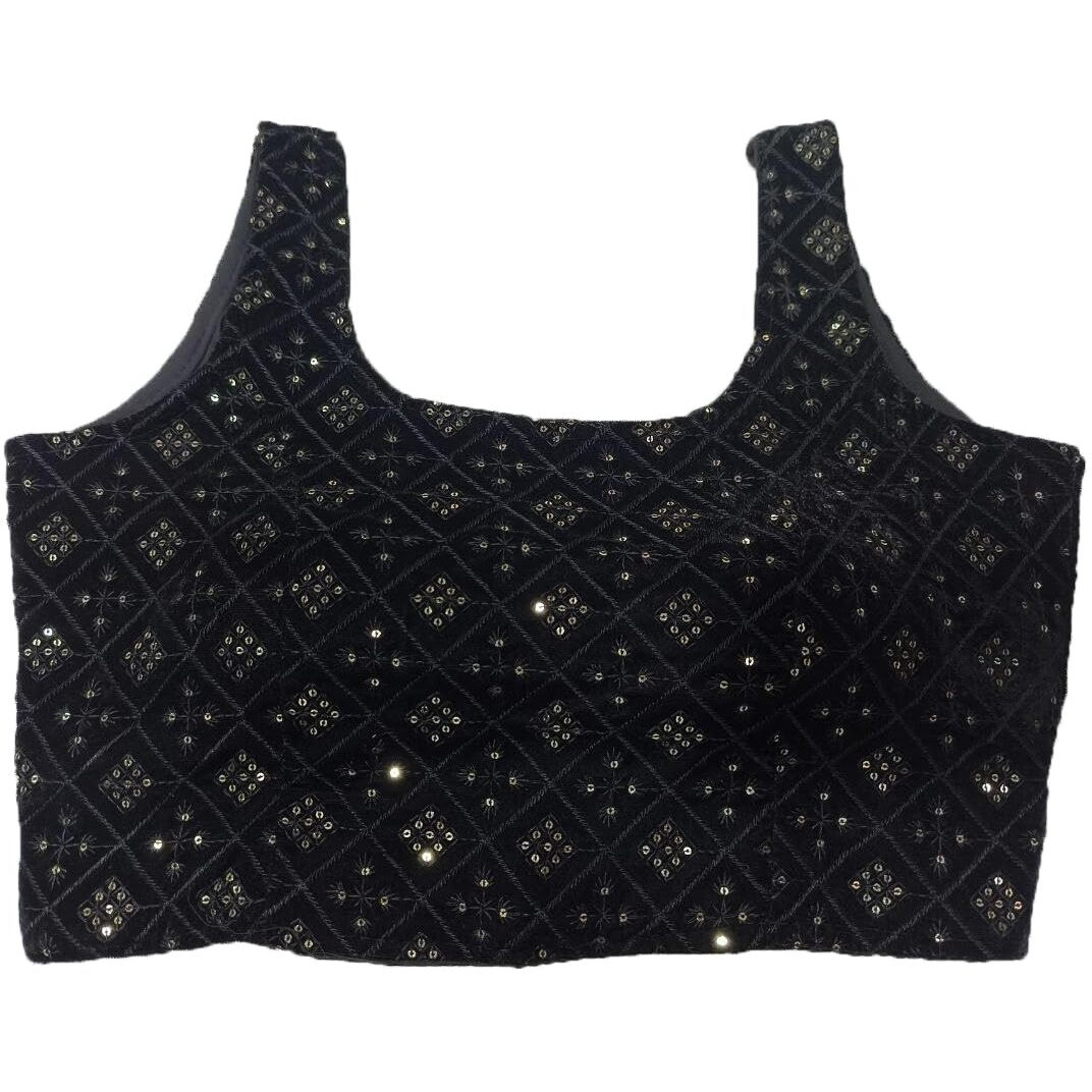 Pujia Mills Indian Ethnic Wear Readymade Designer Blouse Velvet Sleevless Blouse Matching Embroidery With Sequence Work Deep Neck Bollywood Style Black Color Readymade Blouse