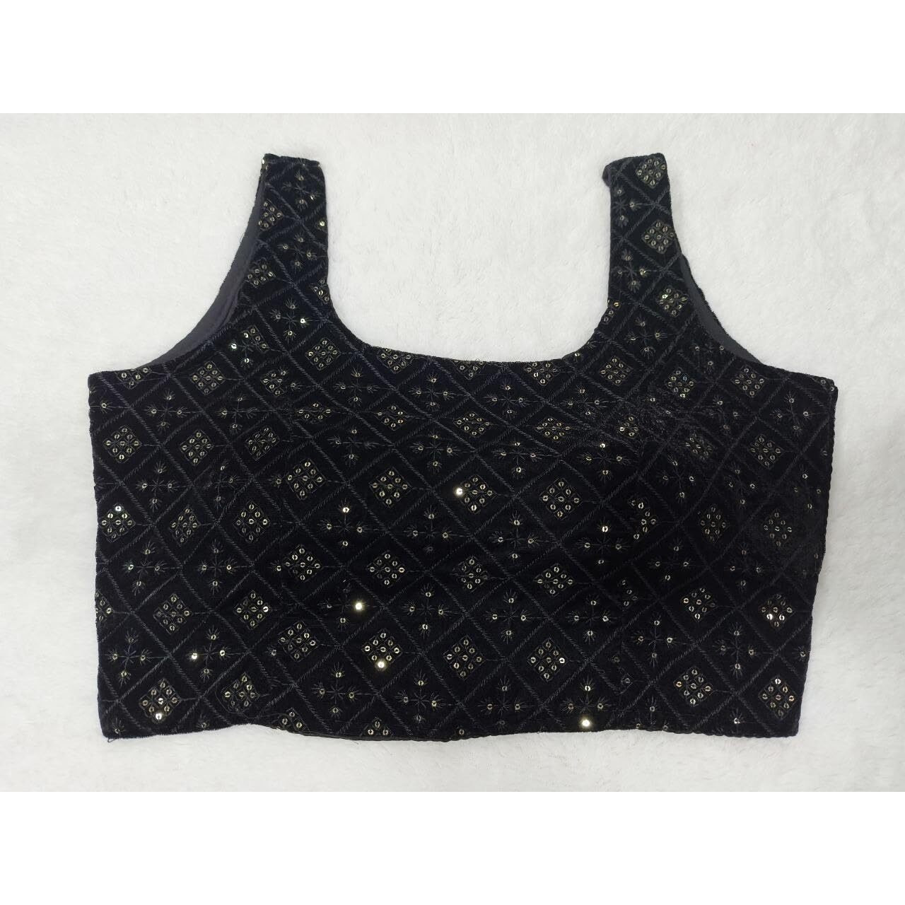 Pujia Mills Indian Ethnic Wear Readymade Designer Blouse Velvet Sleevless Blouse Matching Embroidery With Sequence Work Deep Neck Bollywood Style Black Color Readymade Blouse