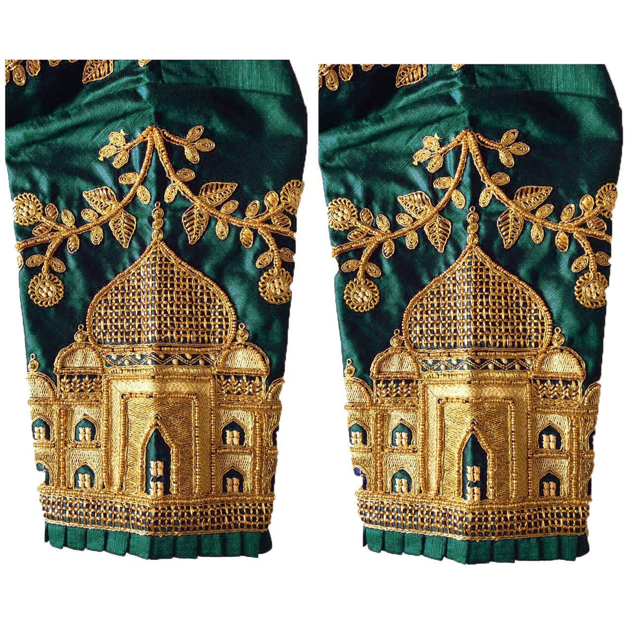 Pujia Mills Women's Multicolor Heavy Hand Embroidery Taj Mahal Design Work Khatli Work Phantom Silk Readymade Saree Half Sleeve Blouse (Mum Taj Blouse_ Green 38)