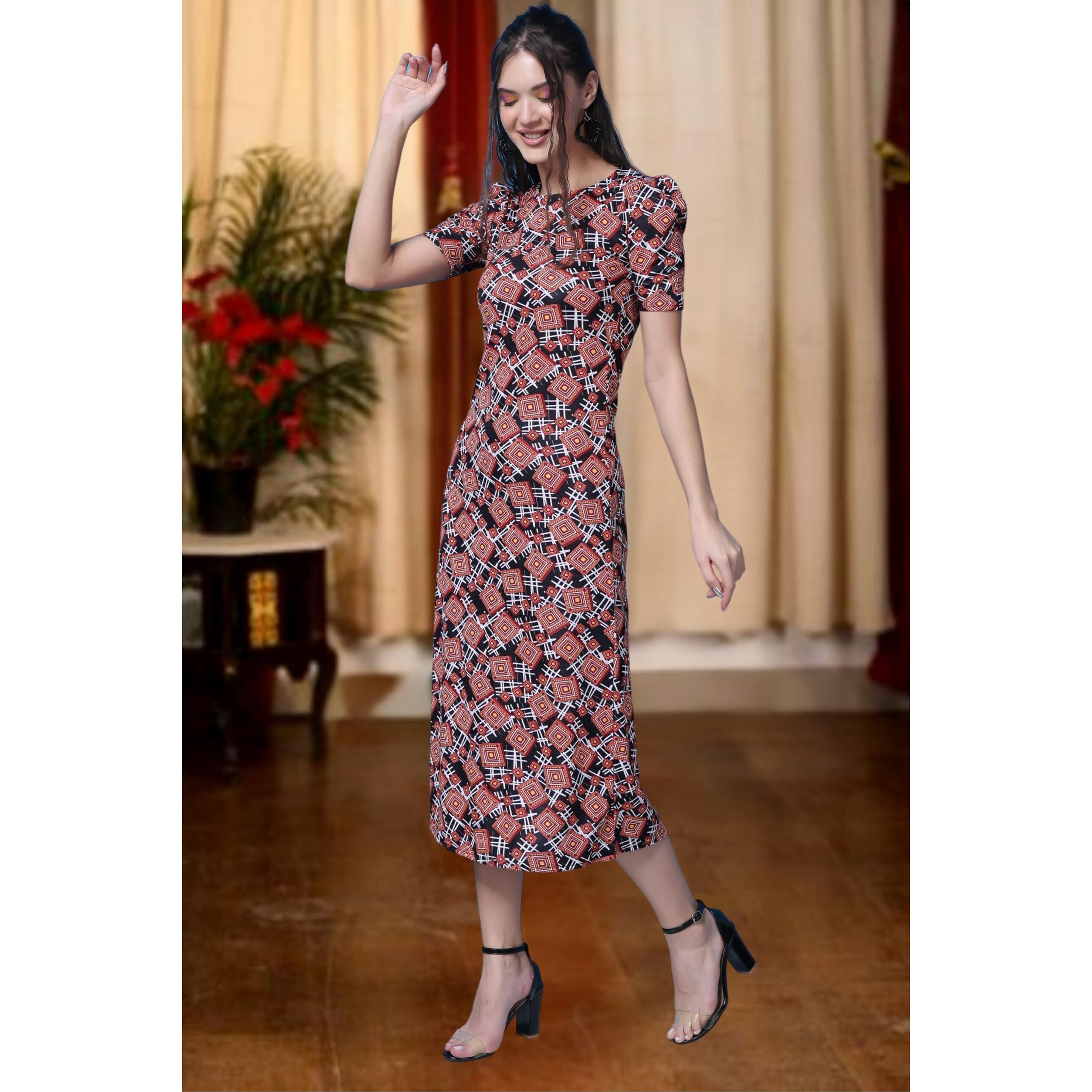 Popwings Casual Abstract Printed Midi Dress For Women | Half-Sleeves Long Dress For Women | Round-Neck Women Stylish Dress Black