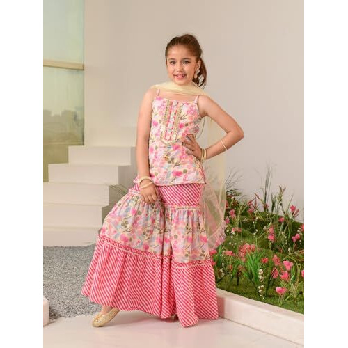 Pspeaches Girl's Cotton Kurta & Sharara (Sha-Magentaleheriya-5-6Y_Magenta