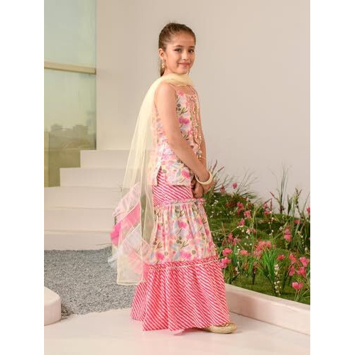 Pspeaches Girl's Cotton Kurta & Sharara (Sha-Magentaleheriya-5-6Y_Magenta