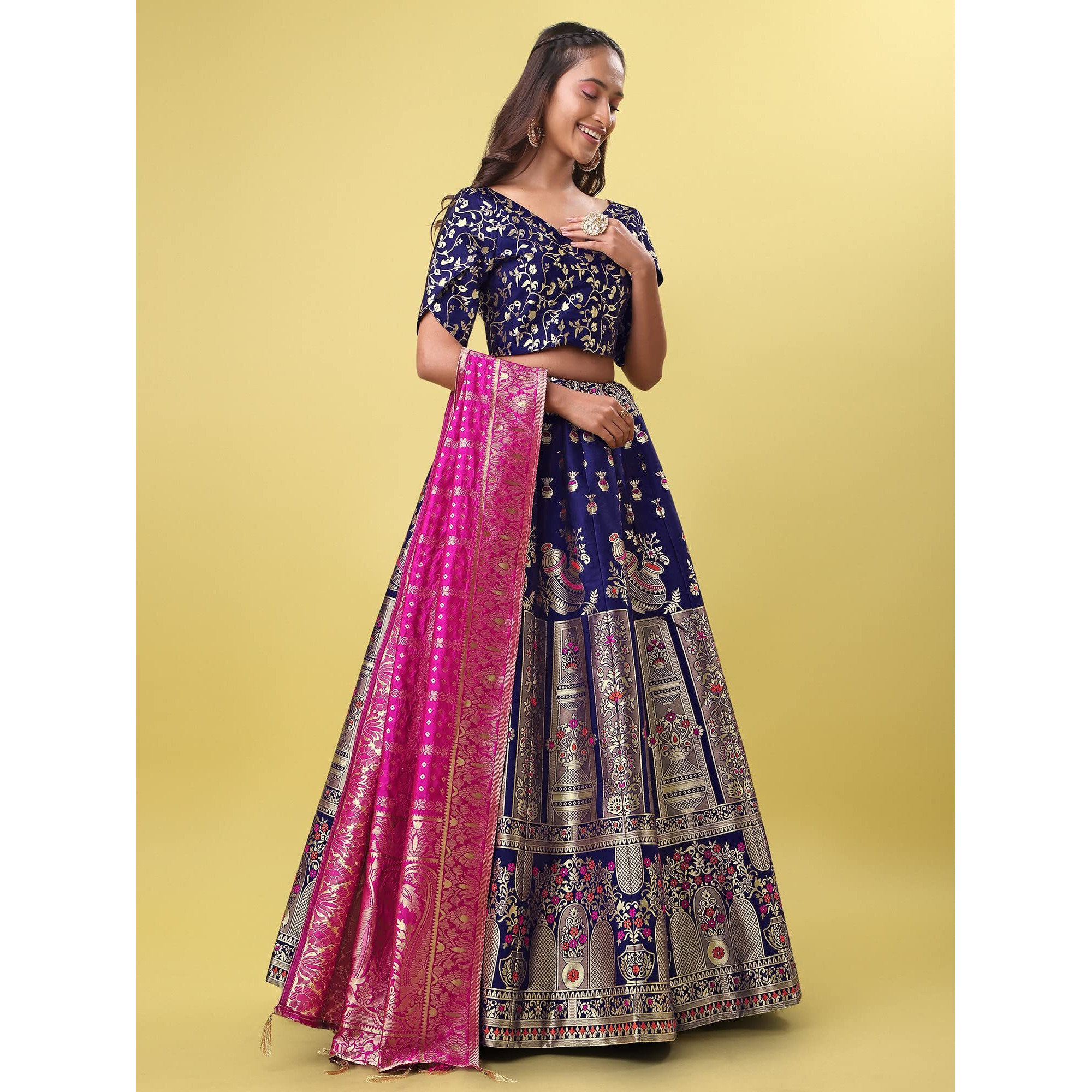 Purvaja Women's Jacquard Semi-Stitched Lehenga Choli (Kumbh-Navy-Blue_Navy-Blue_Free Size)