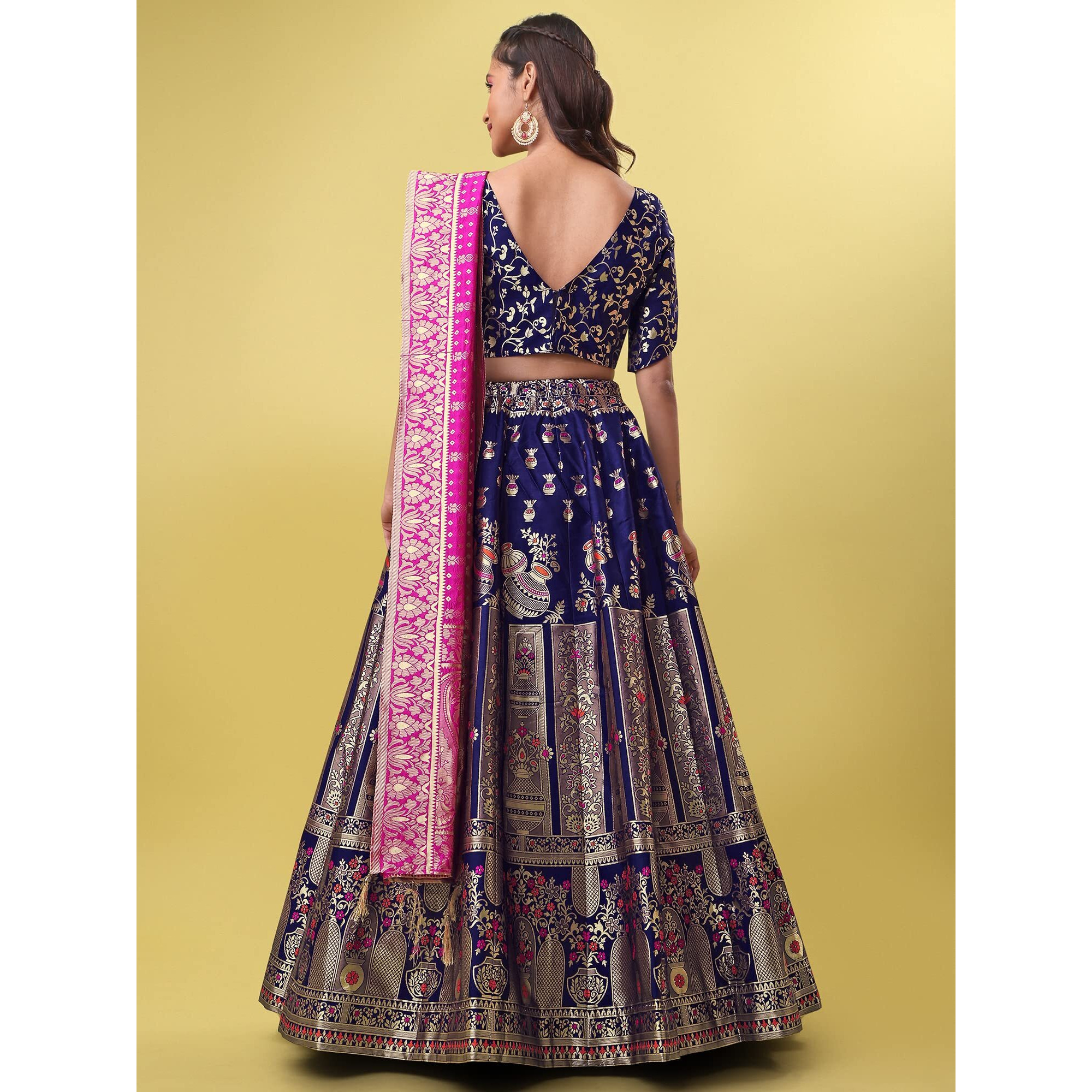 Purvaja Women's Jacquard Semi-Stitched Lehenga Choli (Kumbh-Navy-Blue_Navy-Blue_Free Size)