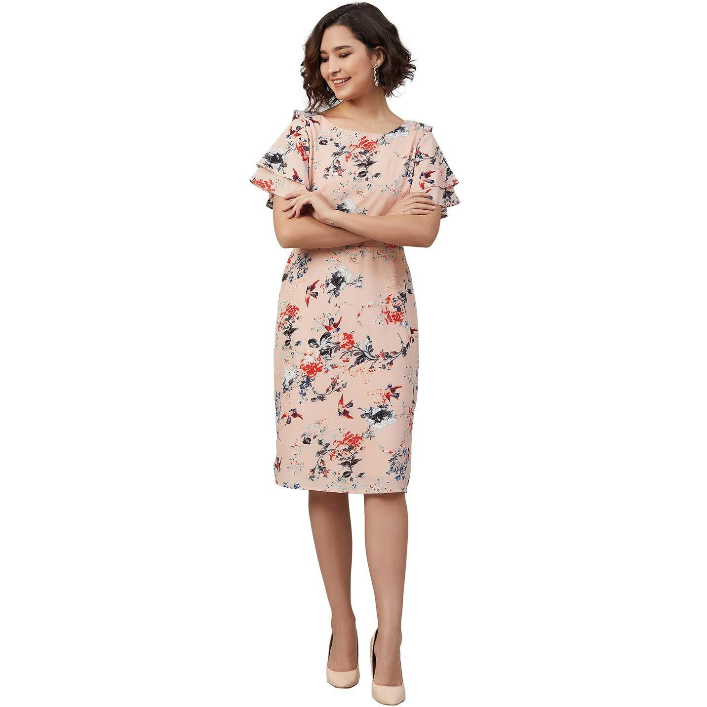 Rare Women's Crepe A-Line Knee-Length Casual Dress (Ep7032_Peach_X-Large)