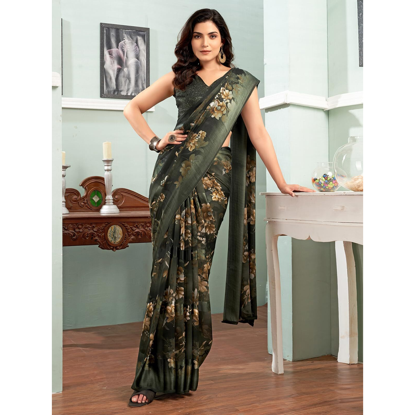 Satrani Women's Georgette Floral Printed Satin Stripe Saree With Unstitched Blouse Piece (3881S123N_Dark Green)