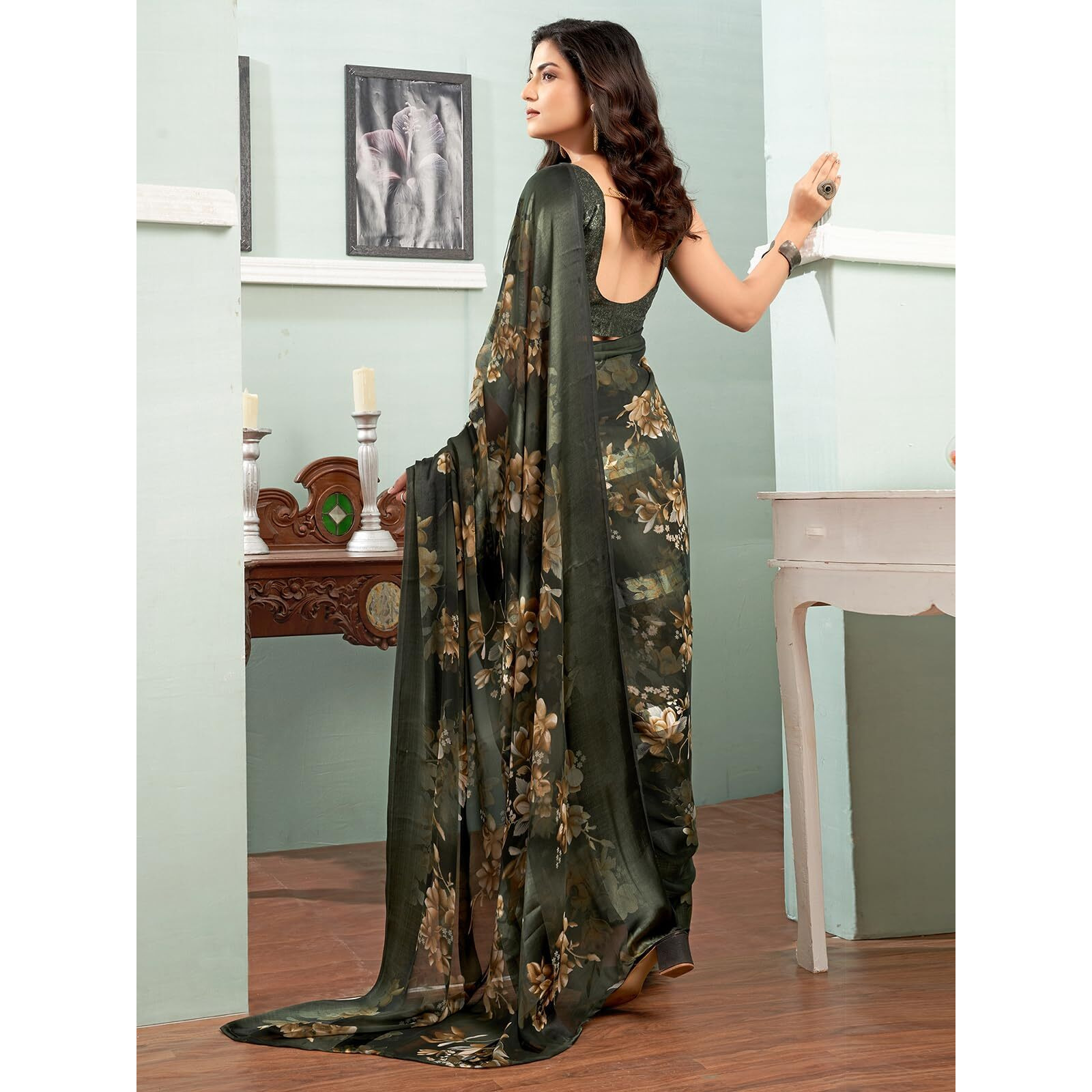 Satrani Women's Georgette Floral Printed Satin Stripe Saree With Unstitched Blouse Piece (3881S123N_Dark Green)