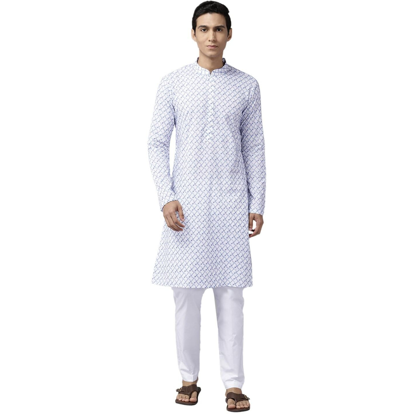 See Designs Men Mandarin Collar White & Blue Pure Cotton Embroidered Staright Full Sleeve Kurta With Pajama - Sd2Mekt_125801Xxl